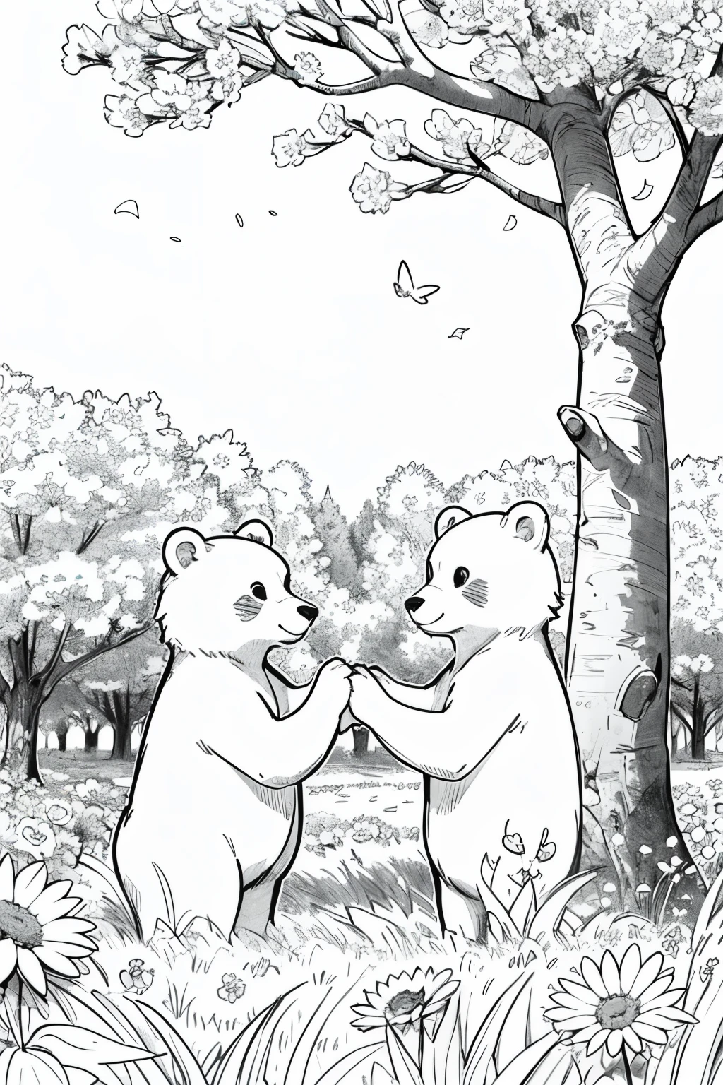 Design style drawing "Bobbie Goods", happy little bears playing in a tree in a field full of flowers, drawing style well defined black lines, rostros bien definidos, estilo libro para colorear, sin color de fondo, sin fondo negro. Sin color. Sin personas.