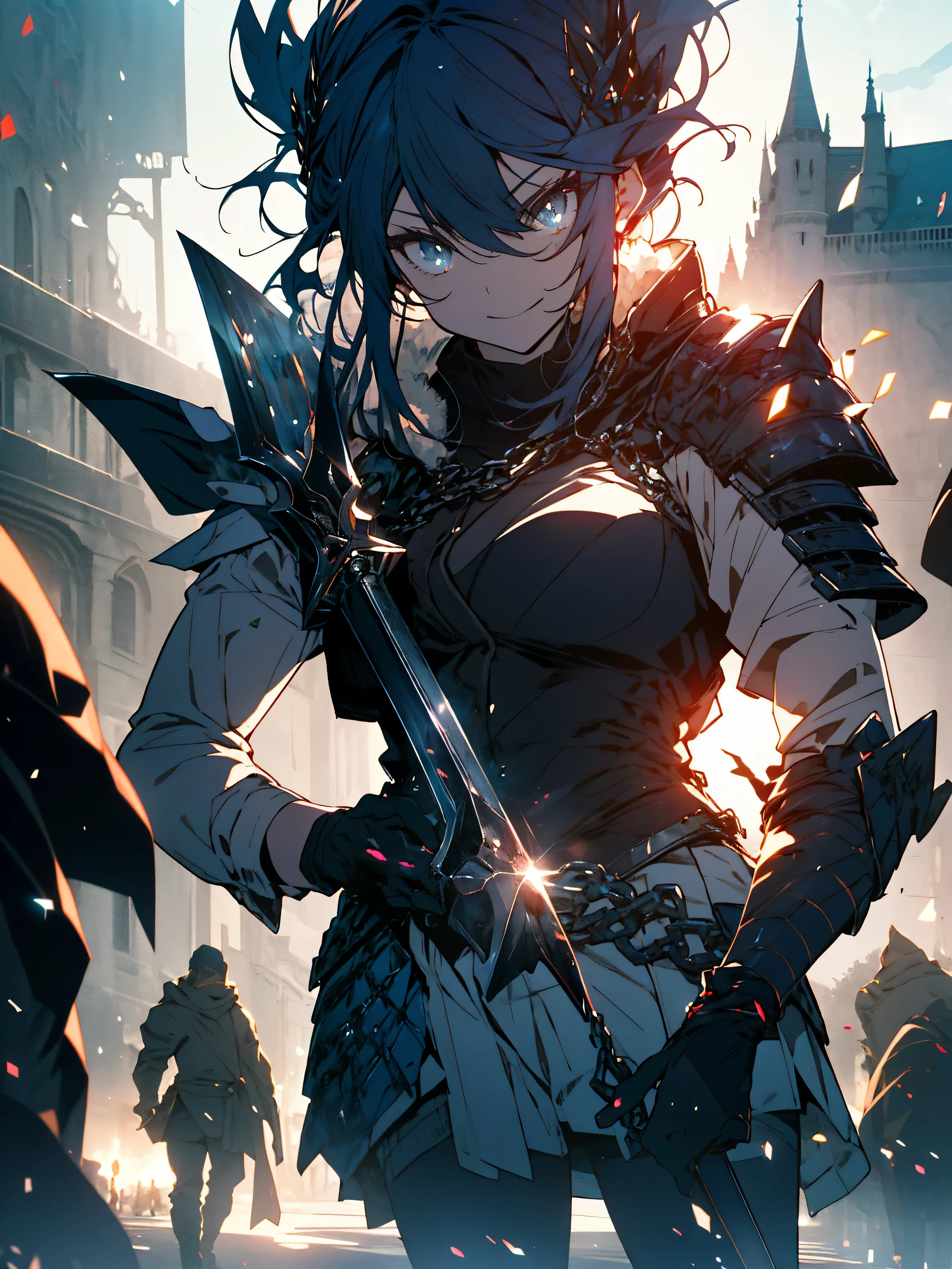 (最high quality、masterpiece、High resolution、be familiar with)、(shining eyes、be familiar with美しい顔)、8K、(((medium shot))), couple, (men and women), two individuals, outside the castle, Jousting, playful, playful, sweet, Happy, smile, armor, (has a big sword、equipped with a weapon)、chain mail, armor, Happy, cute eyes, playful, surrealism, throw, romanticism, cinematic lighting, 8K, UHD, masterpiece, Accurate, anatomically correct, rough skin, high detail, high quality, High resolution, award-winning, 最high quality, 16k, bad body, bad move, bad legs.(beautiful anime)