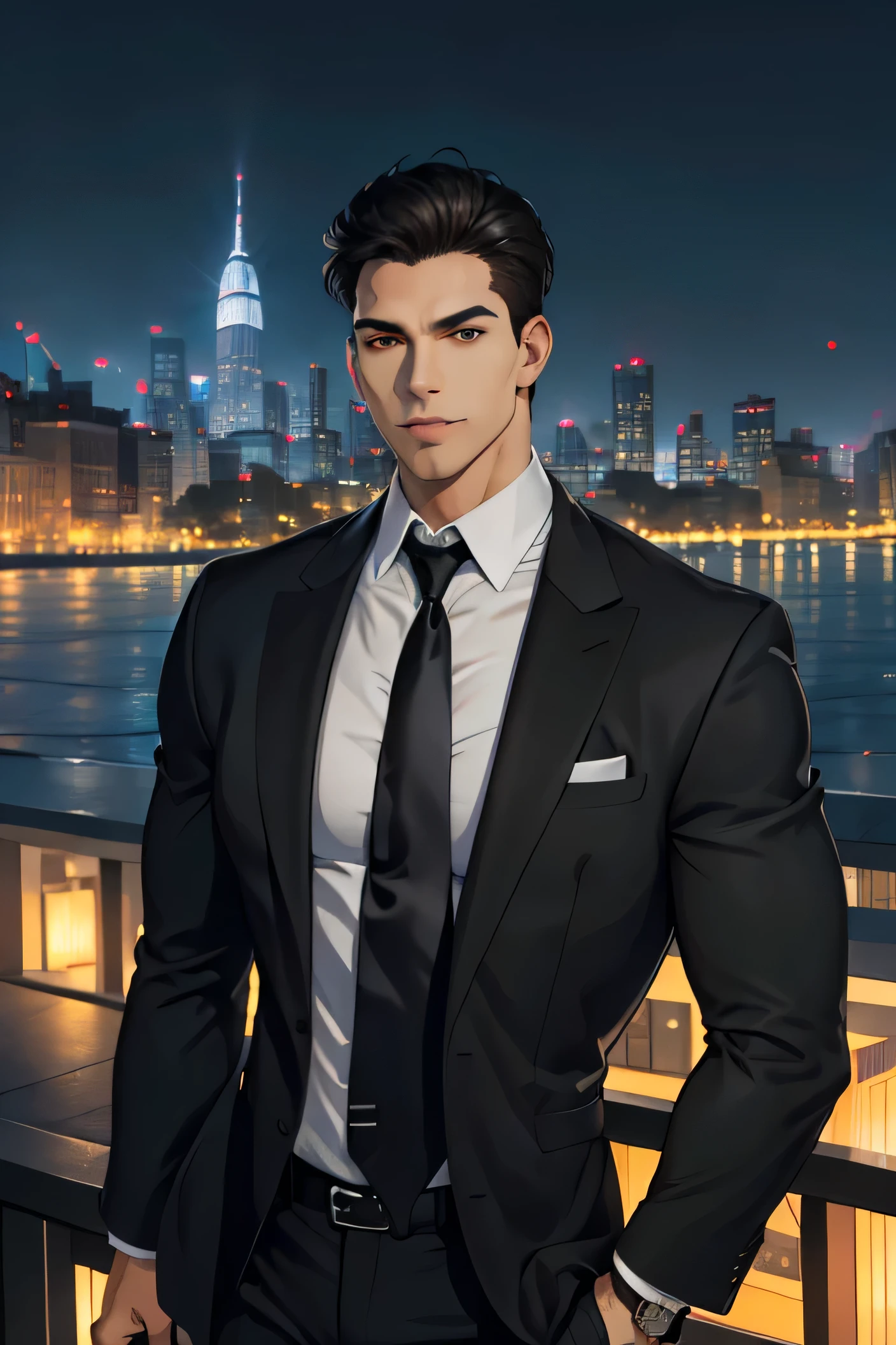 (absurdres, highres, ultra detailed, realistic, ), 1 male, solo, adult, mature, tall muscular guy, broad shoulders, handsome, very short hair, black hair, brown eyes, angular jaw, thick neck, thick eyebrows, night, dark, the night view of the city background, formal suit, necktie, upper body