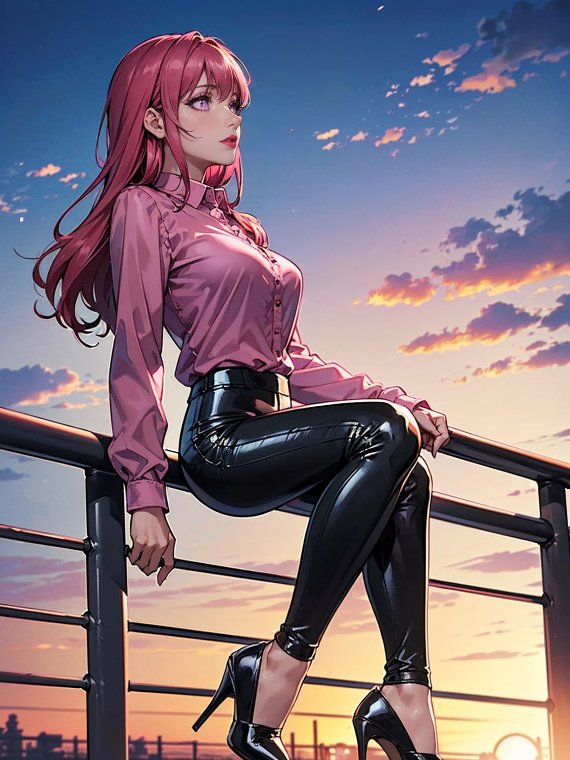 ((solo, 1woman, TakashiroHiroko, dark purple eyes, red hair, pink lipstick, Extremely detailed, ambient soft lighting, 4k, perfect eyes, a perfect face, perfect lighting, a 1girl)), ((solo, (1woman, pink lipstick), Extremely detailed, ambient soft lighting, 4k, perfect eyes, a perfect face, perfect lighting, a 1girl)), ((black leather pants, (high heels, ((wool blouse, wool pink blouse, long sleeve blouse, pink wool blouse))), black leggings, leather pants, black pants, tight clothes, shiny leather, leather, leathery, farm, balcony, leaning on a balcony, leaning on the railing, leaning on the railing on a balcony, looking to the left, side perspective, admiring the landscape, farm background, pond))