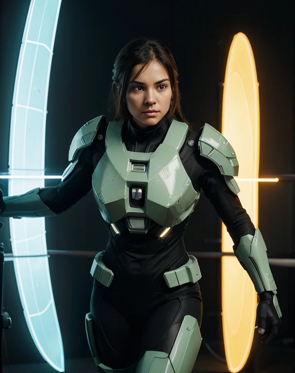 Creates an ultra-detailed, mid-shot centered illustration of Master Chief, the iconic Halo character, girl, in a cel-shaded style with 1.3 shading intensity. Focus on bold outlines and strong ink lines with 1.1 intensity, showing the power and presence of the character. Use tetradic colors to enhance visual interest. Be sure to apply the artistic styles of a professional photo shoot and realistic marketing, luminous & bioluminescent, animated & comic book, pop art, and futuristic & science fiction to bring the image to life. artwork. Draw art in vector format, ensuring the highest quality and 32k resolution for the most exceptional details. Experiment with flat colors and lights, creating a high contrast between lights and shadows. Draw art without a frame, truly capturing the essence of Master Chief. --with 16:9-at 5.2