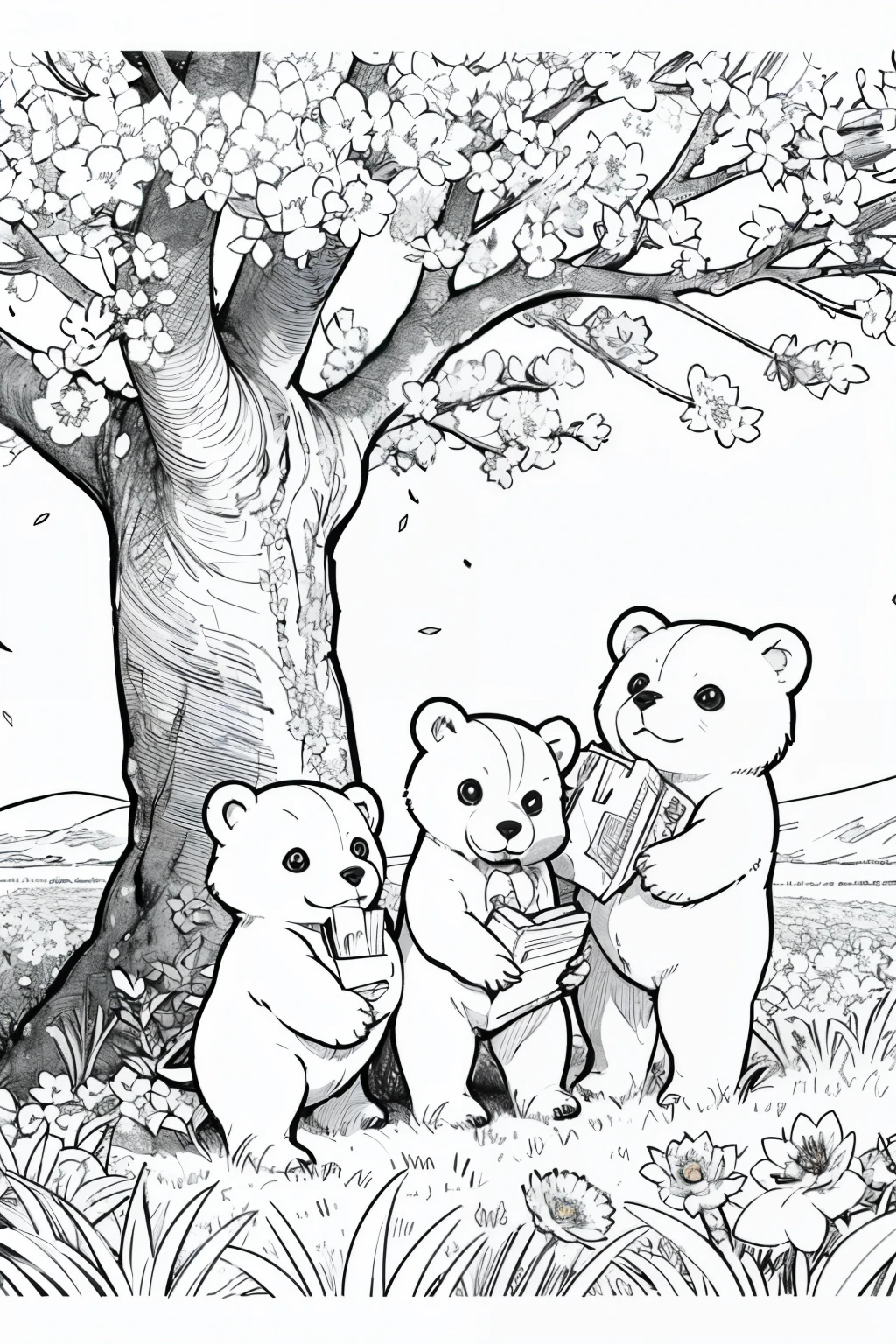 Design style drawing "Bobbie Goods", happy little bears playing in a tree in a field full of flowers, drawing style well defined black lines, rostros bien definidos, estilo libro para colorear, sin color de fondo, sin fondo negro. Sin color. Sin personas.