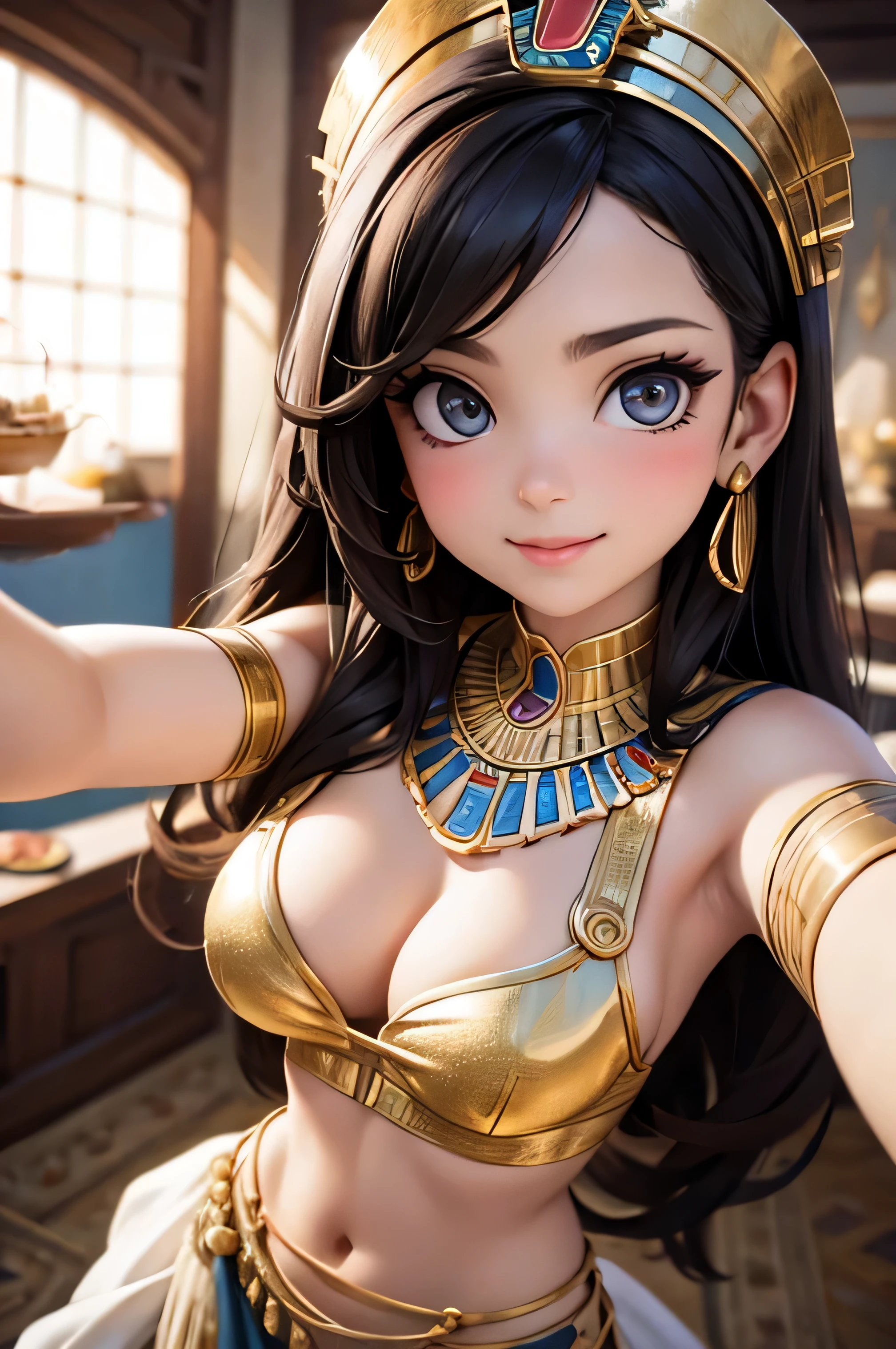 1 chica, Egyptian queen taking a selfie, selfie tomada con una perspectiva desde arriba, autofoto, realistic photography, ojos muy maquillados, Belleza impresionante, elegancia, sonrisa malvada, ultra detalles, Ropa del antiguo Egipto, fondo borroso, Auto retrato, Primer plano, estilo de dibujos animados realistas