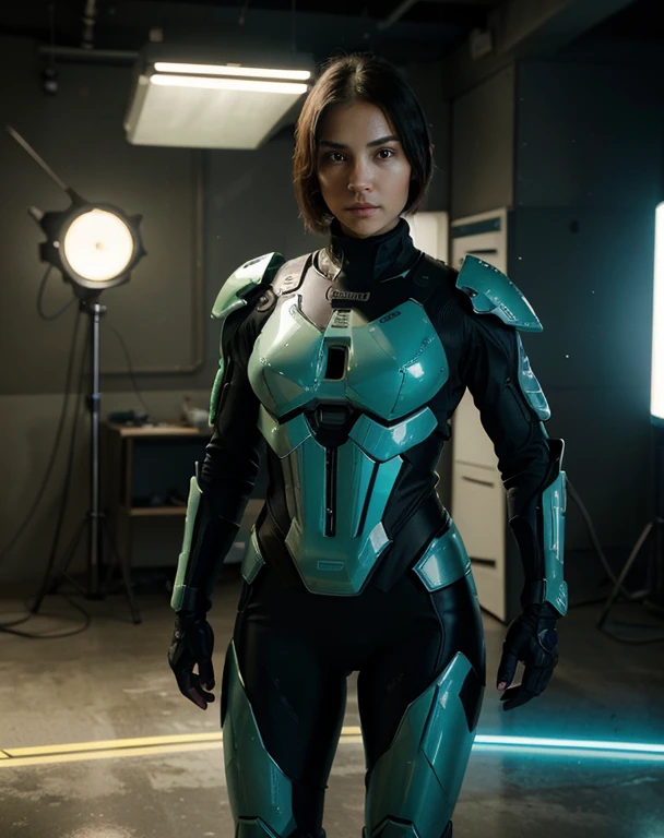 Creates an ultra-detailed, mid-shot centered illustration of Master Chief, the iconic Halo character, girl, in a cel-shaded style with 1.3 shading intensity. Focus on bold outlines and strong ink lines with 1.1 intensity, showing the power and presence of the character. Use tetradic colors to enhance visual interest. Be sure to apply the artistic styles of a professional photo shoot and realistic marketing, luminous & bioluminescent, animated & comic book, pop art, and futuristic & science fiction to bring the image to life. artwork. Draw art in vector format, ensuring the highest quality and 32k resolution for the most exceptional details. Experiment with flat colors and lights, creating a high contrast between lights and shadows. Draw art without a frame, truly capturing the essence of Master Chief. --with 16:9-at 5.2