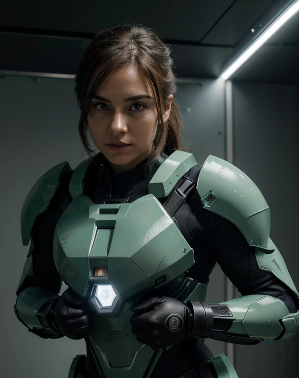 Creates an ultra-detailed, mid-shot centered illustration of Master Chief, the iconic Halo character, girl, in a cel-shaded style with 1.3 shading intensity. Focus on bold outlines and strong ink lines with 1.1 intensity, showing the power and presence of the character. Use tetradic colors to enhance visual interest. Be sure to apply the artistic styles of a professional photo shoot and realistic marketing, luminous & bioluminescent, animated & comic book, pop art, and futuristic & science fiction to bring the image to life. artwork. Draw art in vector format, ensuring the highest quality and 32k resolution for the most exceptional details. Experiment with flat colors and lights, creating a high contrast between lights and shadows. Draw art without a frame, truly capturing the essence of Master Chief. --with 16:9-at 5.2