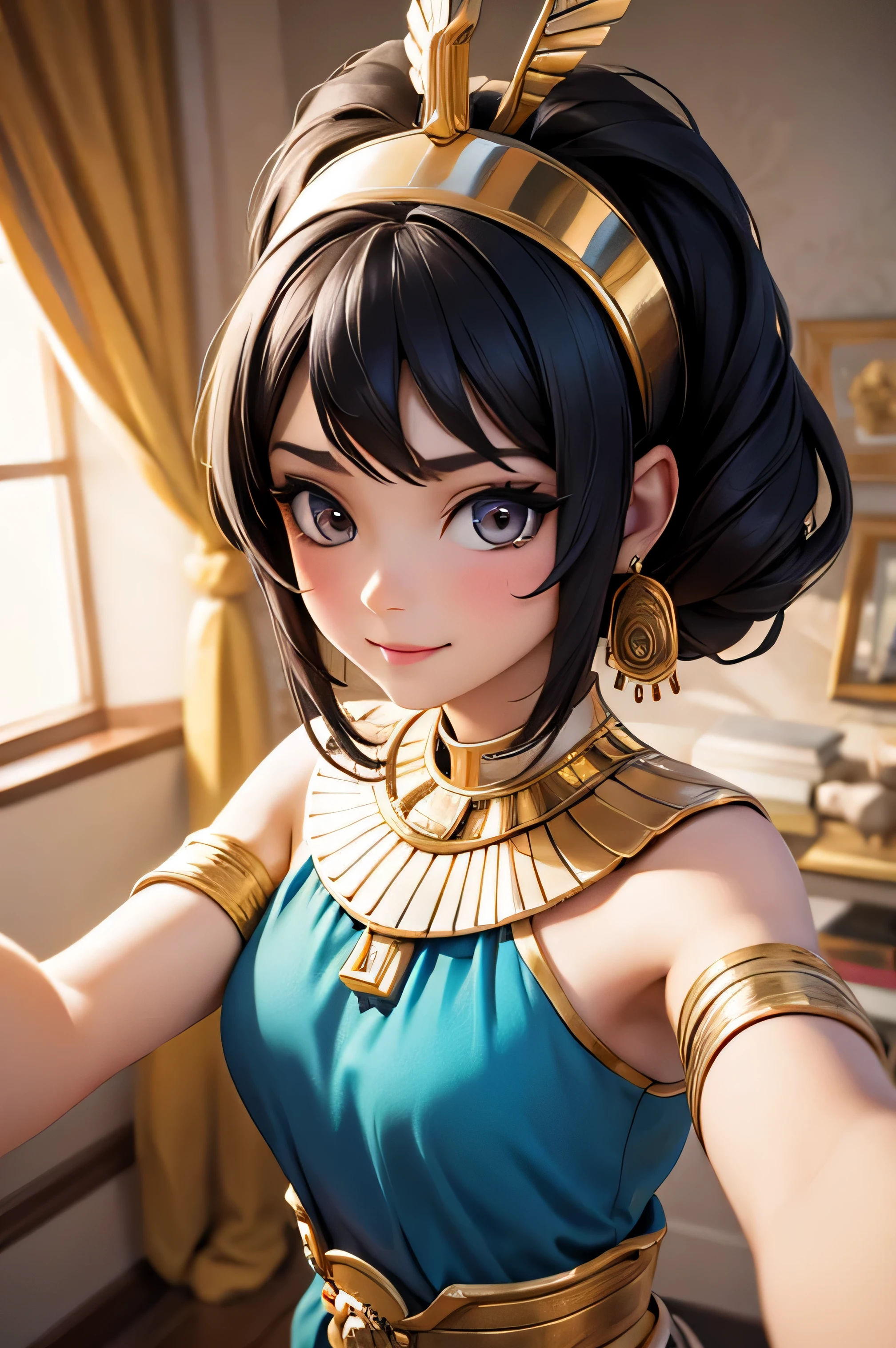 1 chica, Egyptian queen taking a selfie, selfie tomada con una perspectiva desde arriba, autofoto, realistic photography, ojos muy maquillados, Belleza impresionante, elegancia, sonrisa malvada, ultra detalles, Ropa del antiguo Egipto, fondo borroso, Auto retrato, Primer plano, estilo de dibujos animados realistas