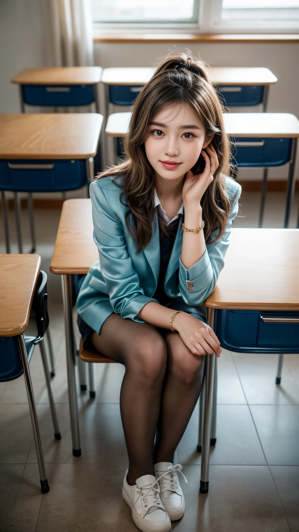 (Pure and cute Chinese college student 1.5), (20 years girl student), 8K, Masterpiece, RAW photo, Best quality, Photorealistic, Extremely detailed CG Unity 8K wallpaper, Depth of field, Cinematic light, Lens flare, Ray tracing, (Extremely beautiful face, Beautiful lips, Beautiful eyes), intricate detail face, ((ultra detailed skin)),(true to life,Photorealistic 1.5),((best qualtiy, 8K, tmasterpiece:1.3)),SLR camera (double eyelid,largeeyes:1.3),(smile1.5),(Full body photo 1.5)(One person 1.5)Clear focus 1.2, Perfect body beauty:1.4 , Delicate skin1.1,(Short silver-white hair 1.6),(Delicate makeup1.4),(Pure desire 1.3)(Black pantyhose 1.5)(The leg length is one meter two,1.5),Hair is slightly curled,Black hair, college uniform, ((Uniform silky Cyan blazer and above knee length matty silky glitter pink skirt)), Bow knot,Matty pink Skirt, Slender legs,canvas shoe,With earrings,Wristband jade bracelet,College Classroom, desks, writing in black board, book in hand, Standing position, books In hands,