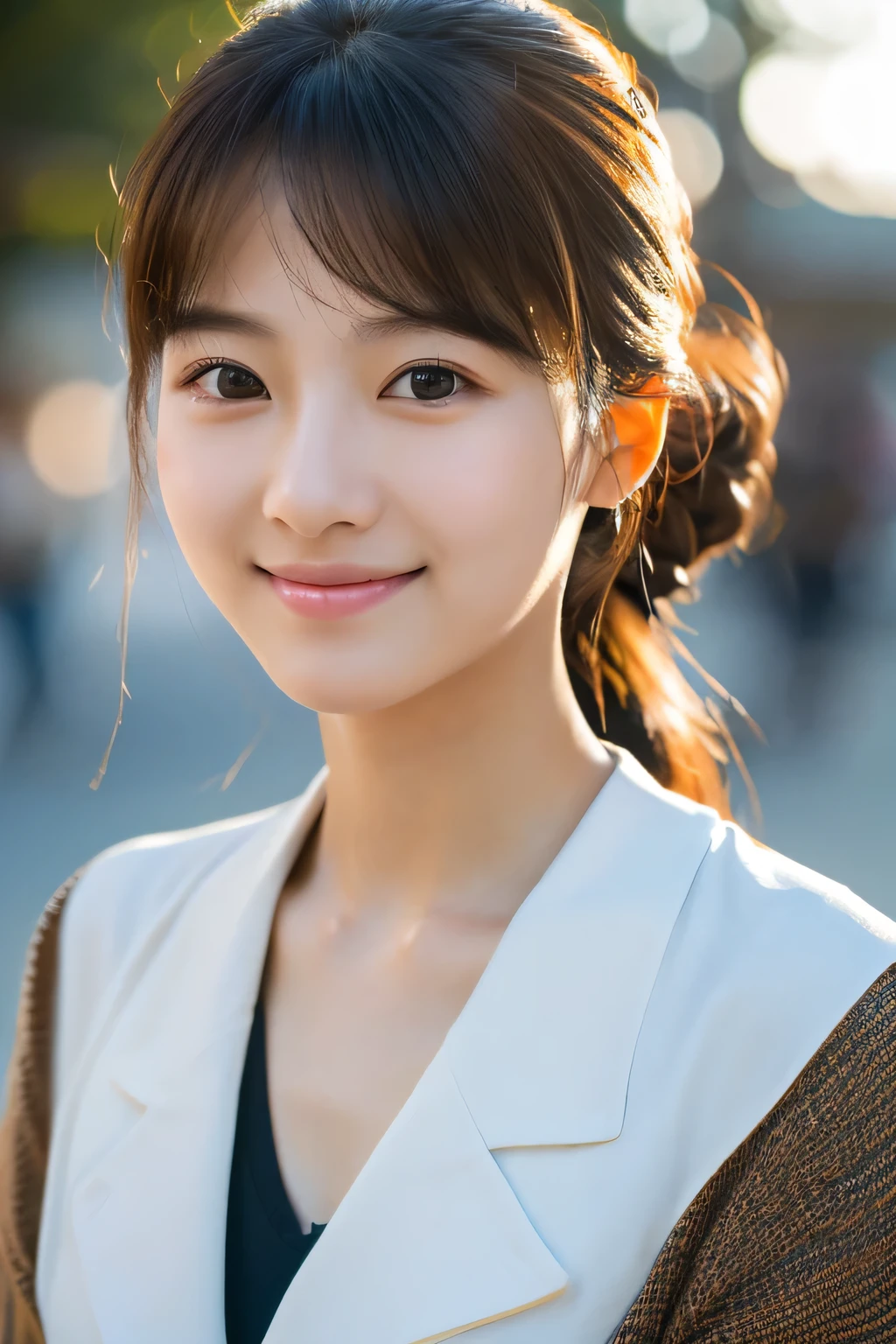 masterpiece, highest quality, Photoreal, Super detailed, finely, High resolution, 8k wallpaper, Professional, Advanced level of detail, Female college student doing street dance, Slender Japan woman, ((facing the front)), detailed clavicle, Medium chest、perfect face, medium long hair, military fashion、gentle smile