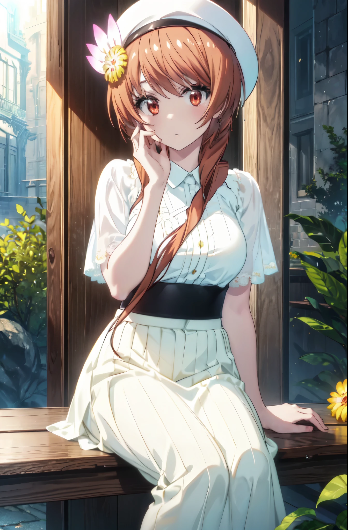 (Highly detailed CG Unity 8K wallpaper artwork), (highest quality), (Super detailed), (best illustrations), (best shadow), (absurd), 1 girl, alone, Marika Tachibana, dressy straw hat and white skirt，looking at the viewer, put your hand on your face, , Lonely, garden，sitting on the bench