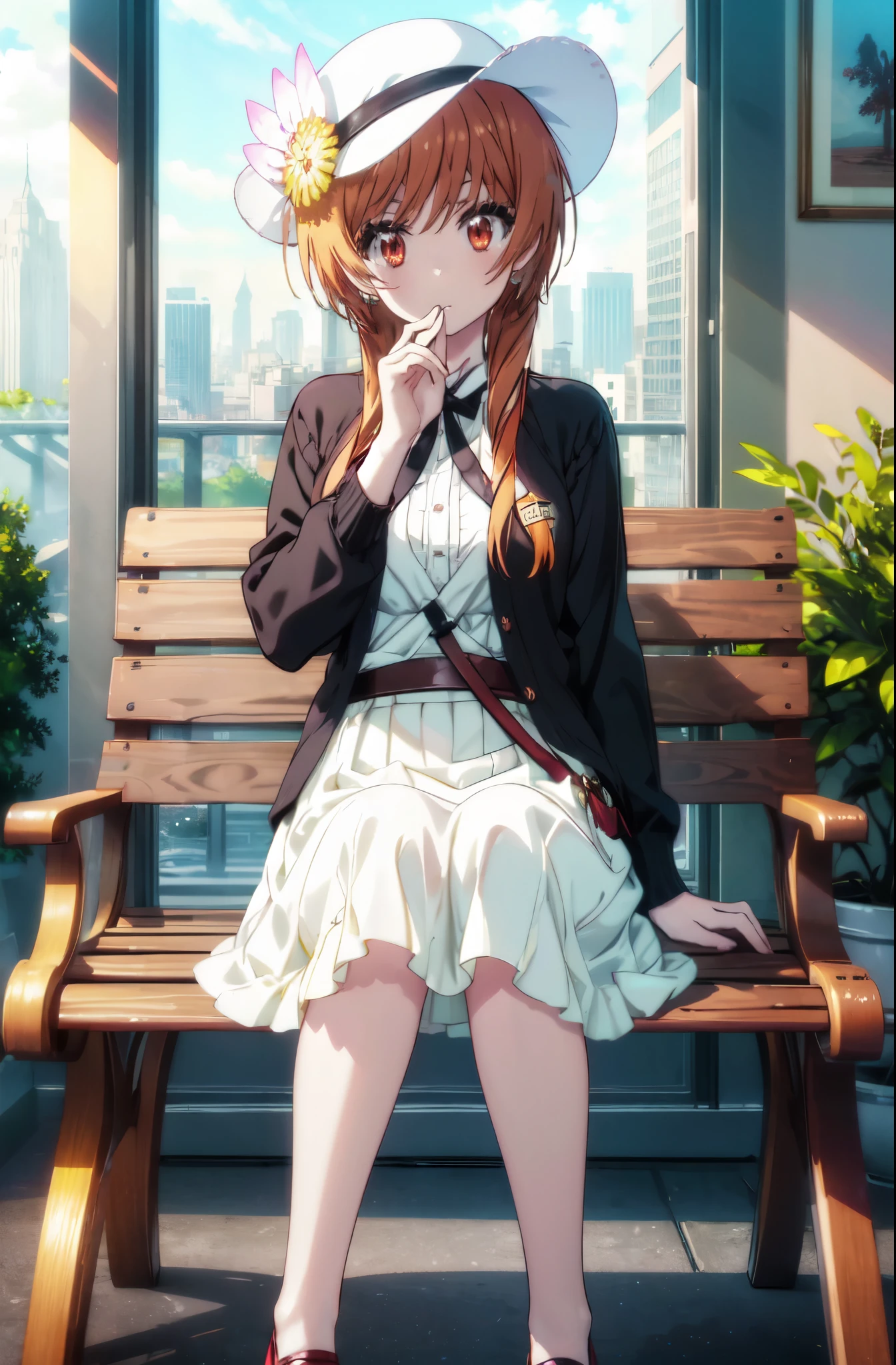 (Highly detailed CG Unity 8K wallpaper artwork), (highest quality), (Super detailed), (best illustrations), (best shadow), (absurd), 1 girl, alone, Marika Tachibana, dressy straw hat and white skirt，looking at the viewer, put your hand on your face, , Lonely, garden，sitting on the bench