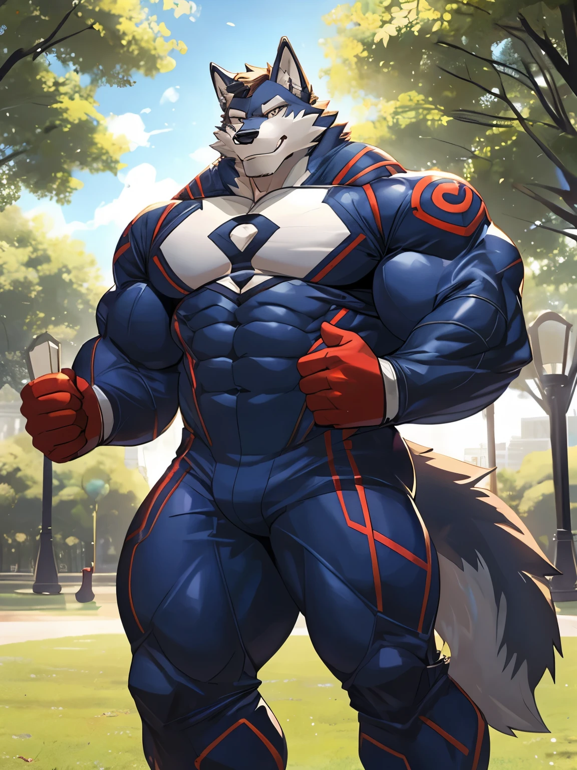 Wolf, good looking, male, anthro, ultradetailed, muscular, solo, bareness, rippling muscles, muscles, park background, tail, smiling, big pecs, looking at viewer, superhero suit, bara,