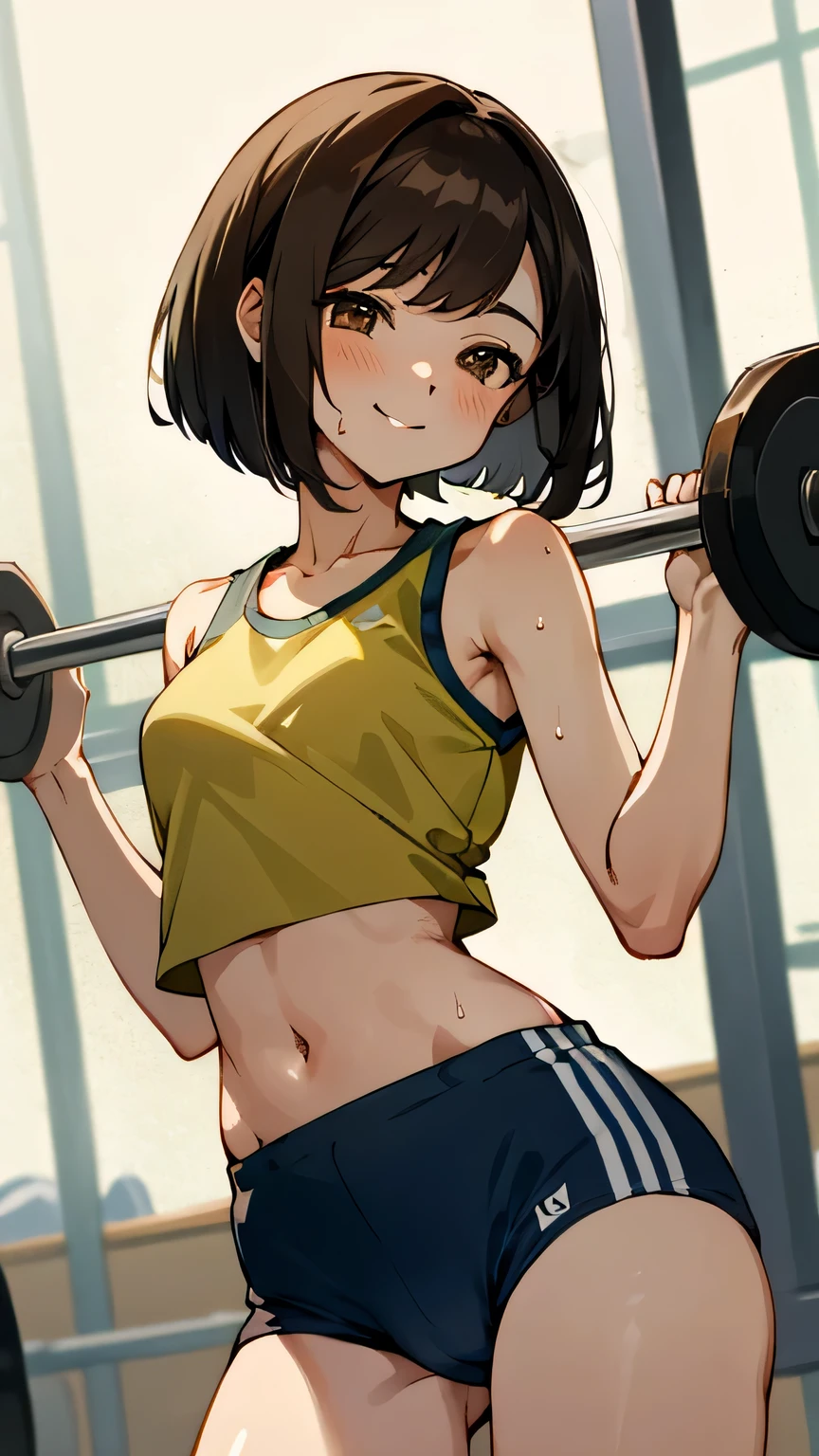 Brown haired young woman, mature, beautiful, bob hair, brown eyes, slim, small to medium breasts, smiling, crop top tank top, sweating, gym shorts, soft smile, cameltoe, gym background.