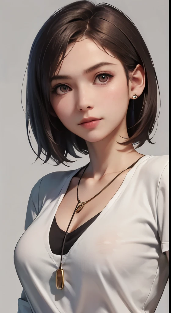 (((highest quality、8k、masterpiece)))、sharp focus、(perfectionな姿の美しい女性)、thin、cinematic lighting、perfection、soft light、high resolution skin:1.3、realistic skin texture、30 year old mature woman、small face、no makeup、short hair、dark brown hair、detailed beautiful eyes、small breasts、、bust B cup、Wearing a drawstring front shirt、wearing a pendant、sexy pose、Supermodel、Slender body type、Cool beauty、gray background、