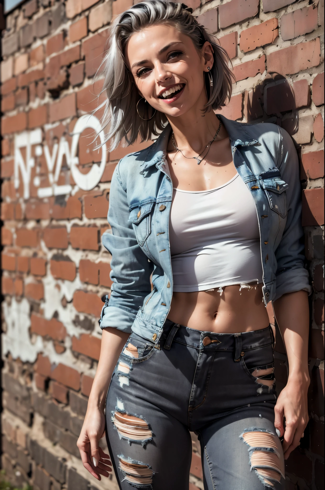 (masterpiece, best quality, highres:1.2), (photorealistic:1.2), (film grain:1.3), (morbid light:1.2), raw photo, perfect milf, very thin, laughing, punk, gray hair, mohawk, torn denim jacket, torn T-shirt, denim breeches, ((old clothes)), posing on brick wall background, punk rock, great photo, grunge style
