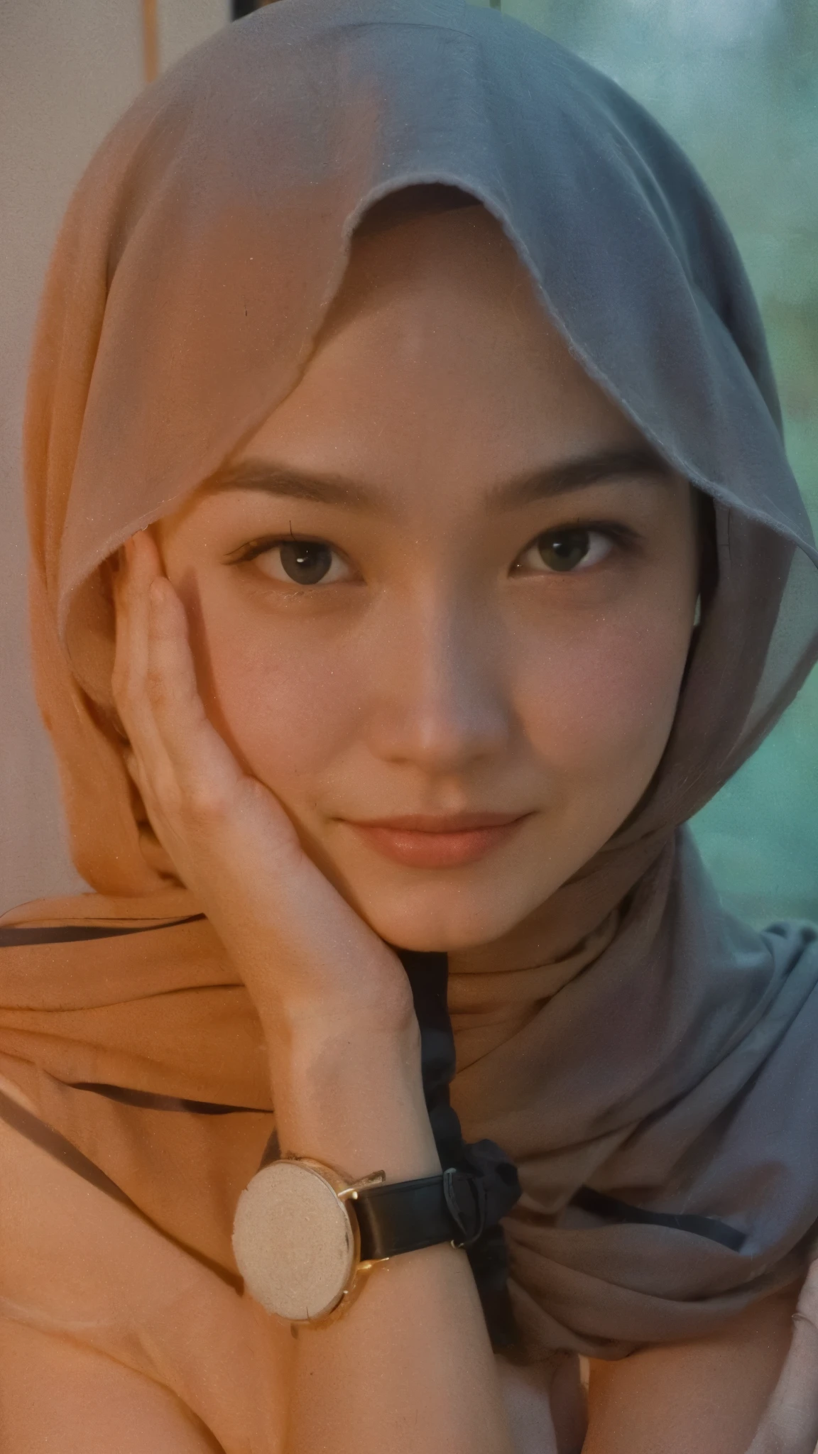 masterpiece, (ultra-high-definition portrait, vignet:1.4), Realistic, extremely detailed, CG unified, 8k, Clean lines, highly detailed, High-definition, raw color photos, she is smiling, Realistic portrait, Cinematic Light, Beautiful detailed, (1hijabgirl, indonesian:1.5), (165cm tall, big breasts with lips like she wants to kiss:1.5), Beautiful big breasts, breasts details, very tight, (Biggorgeous breast, Smiling:1.5), (Smiling, Big Breast:1.4), Close up of a girl in Beautiful clothes with errected nipple, biggorgeous breast, Soft smile, scarf, (Bombastic Side Eyes with curvaceous body:2), pose 4 of 1 6, Undress, No bra, (nipples that are clearly sticking out detail:1.2), Outdoors, high intricate detailed.