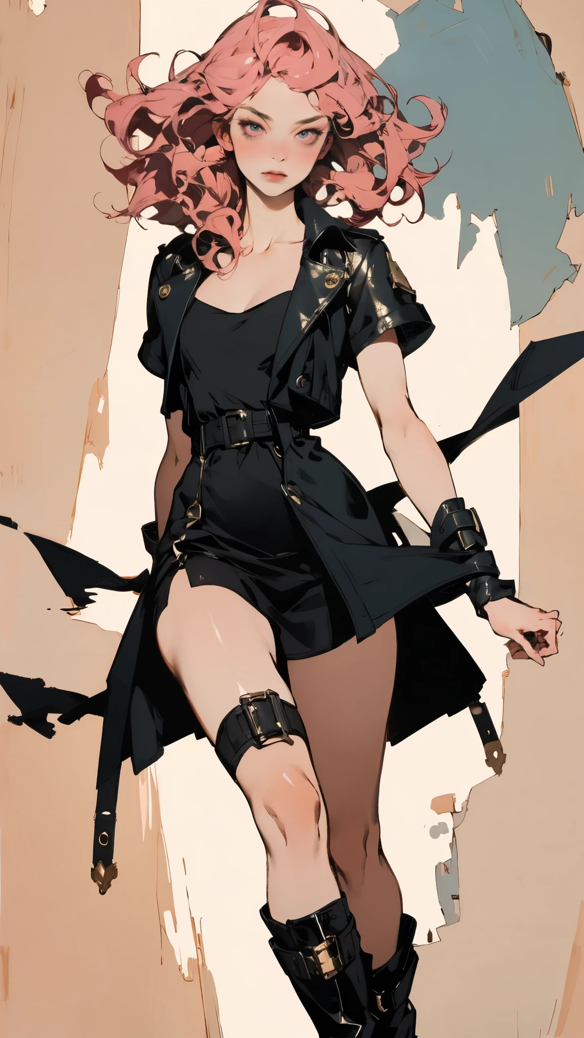 (A beautiful young girl with long curly pink hair, slender eyebrows, sparkling eyes, a bewildered expression, an oval-shapedl face with pale skin, a knee-length form-fitting leather trench coat with very short sleeves, she adorns both hands with metallic wrist guards in a sci-fi ancient civilization style, her long legs are clad in leather boots as she soars through the misty clouds), this character embodies a finely crafted fantasy-realism style western ranger in anime style, exquisite and mature manga art style, porcelain skin, perfect skin, perfect eyes, high definition, best quality, highres, ultra-detailed, ultra-fine painting, extremely delicate, professional, anatomically correct, symmetrical face, extremely detailed eyes and face, high quality eyes, creativity, RAW photo, UHD, 32k, Natural light, cinematic lighting, masterpiece-anatomy-perfect, masterpiece:1.5