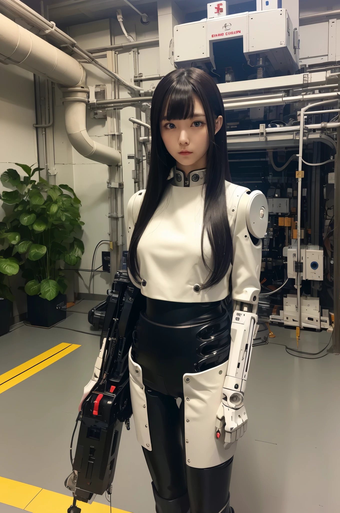 masterpiece, best quality, extremely detailed,8k portrait,Japaese android girl,Plump , control panels,android,Droid,Mechanical Hand, Robot arms and legs, Black hair,Blunt bangs,perfect robot girl,long tube,thick cable connected her neck,japanese cyborg girl ,android assembly plant,connecting a cable between the legs,white robot body,mechanical body,mouton boots,（blue eyes:1.5）