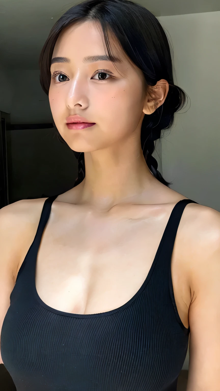 Beautiful breasts, black tank top, braids, hot pants, cute, dark hair, young, sweaty, beautiful woman, fair skin, short hair, two knots, little cleavage visible, sexy mole