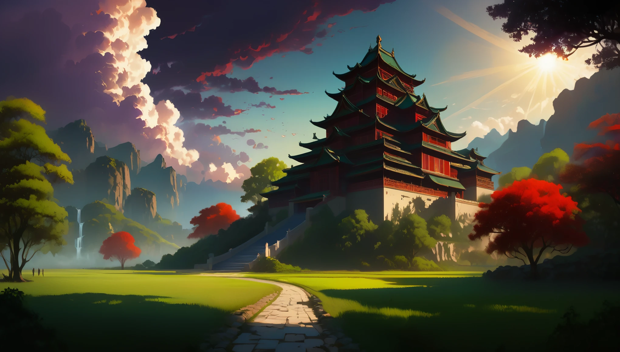 ((Chinese palace complex)), In the valley before sunset, sharp colors, Sunset, Movie lighting feel, long shadow, red long thatch, green tree, Black cumulonimbus clouds, Sunshine, king liam style, Peaceful and serene, 2D game art, Ultra HD graphics, Somber and drab color palette, red, Purple, dark tones, moving images, flowerpunk, intricate details, Dynamic, dramatic lighting, backlight, saturated contrast, Watercolor Cartoon & Oil paintings by Joseph Ann Lindecker & James Jean & Anders Zorn & Jeremy Mann & Alphonse Mucha, Romanticism, Constructivism, super detail, award winning, 8k, best quality