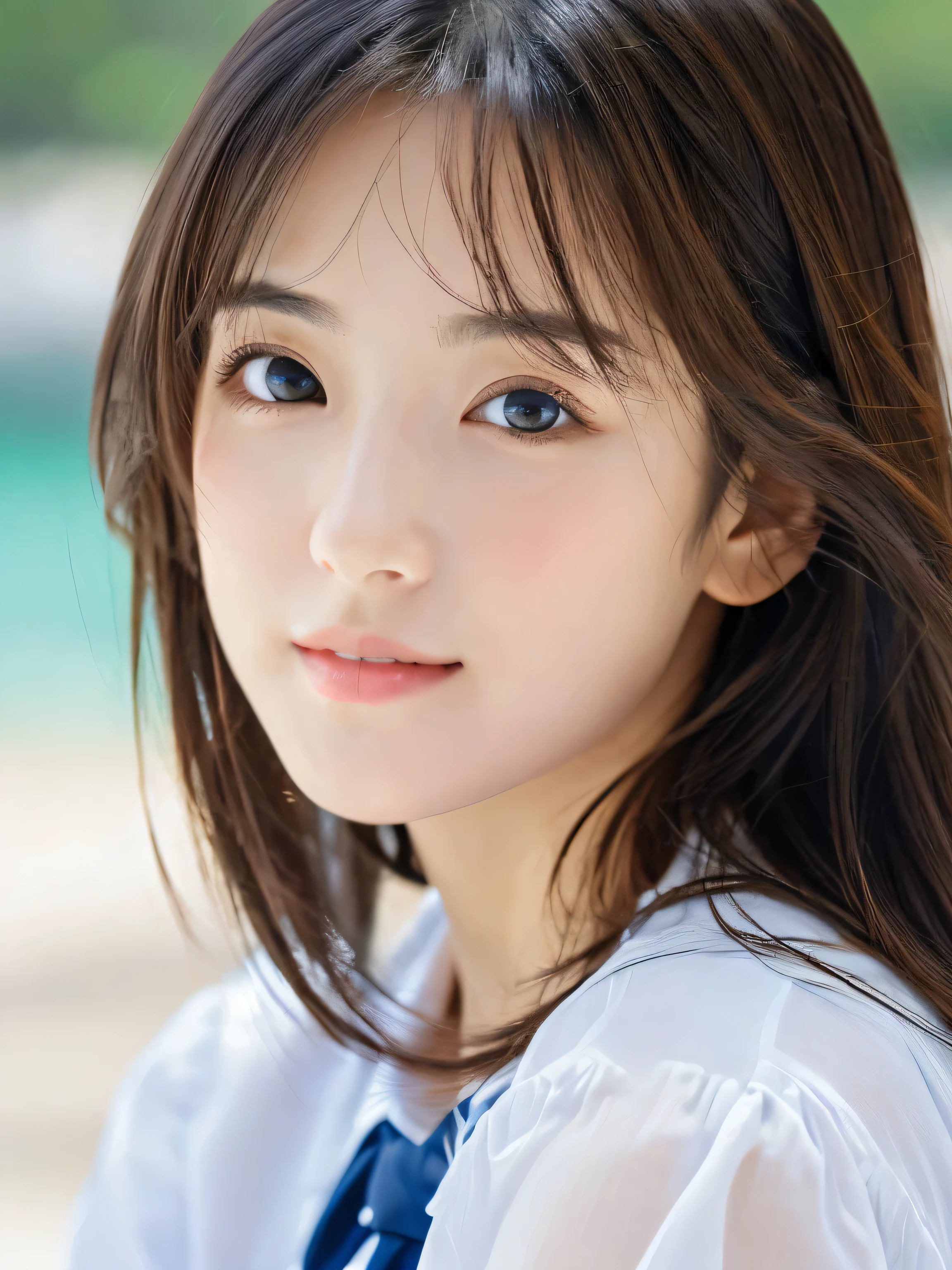 (((32ｋ,high details,high detail、masterpiece,attention to detail,alone))),Raw photo & realistic atmosphere,beautiful dark blue eyes,detailed mouth,glossy lips,thin eyebrows,fine eyes、Soft white skin that shines in every detail、sheの深い黒色の目はとても美しいです,lip details、very beautiful face,very well-shaped face、lifelike face,shining beautiful lips,beautiful eyebrows,infinite reality, Realistic young gravure idol,she&#39;she&#39;she&#39;she&#39;she&#39;she&#39;she&#39;she&#39;s a very cute woman , young gravure idol, young gravure idol, とても美しくてかわいい22 years old beautiful girl,incredibly beautiful and classy，22 years old beautiful girl,natural soft light,（shiny hair,,Beautiful and kind eyes：1.5）,gentle smile,well-shaped chest,medium long hair,tie hair,beautiful posture,no makeup,think ahead，whole body，Ocean，Oceanのそば，
