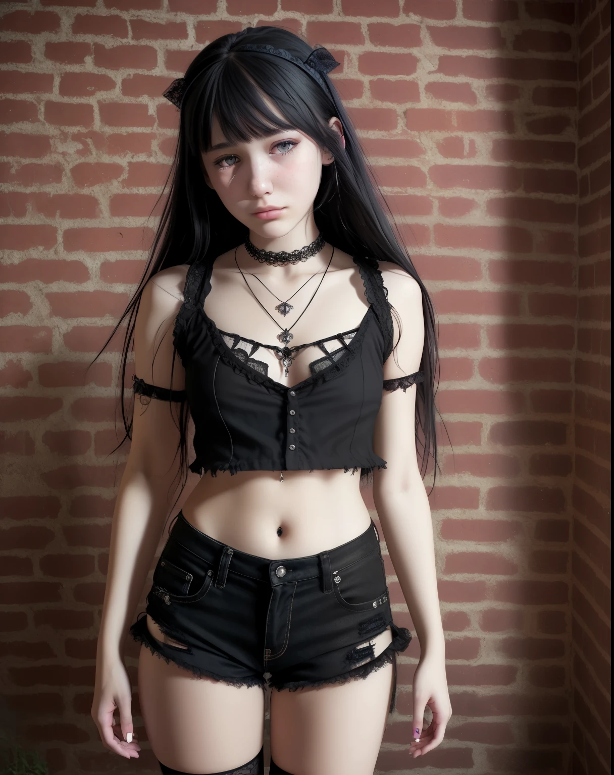 gothic, , detailed face, ultra detail, hyperrealism, young, thin thighs, (full body), piercings, neck collar, cute, sad, torn t-shirt, torn shorts, full body pic