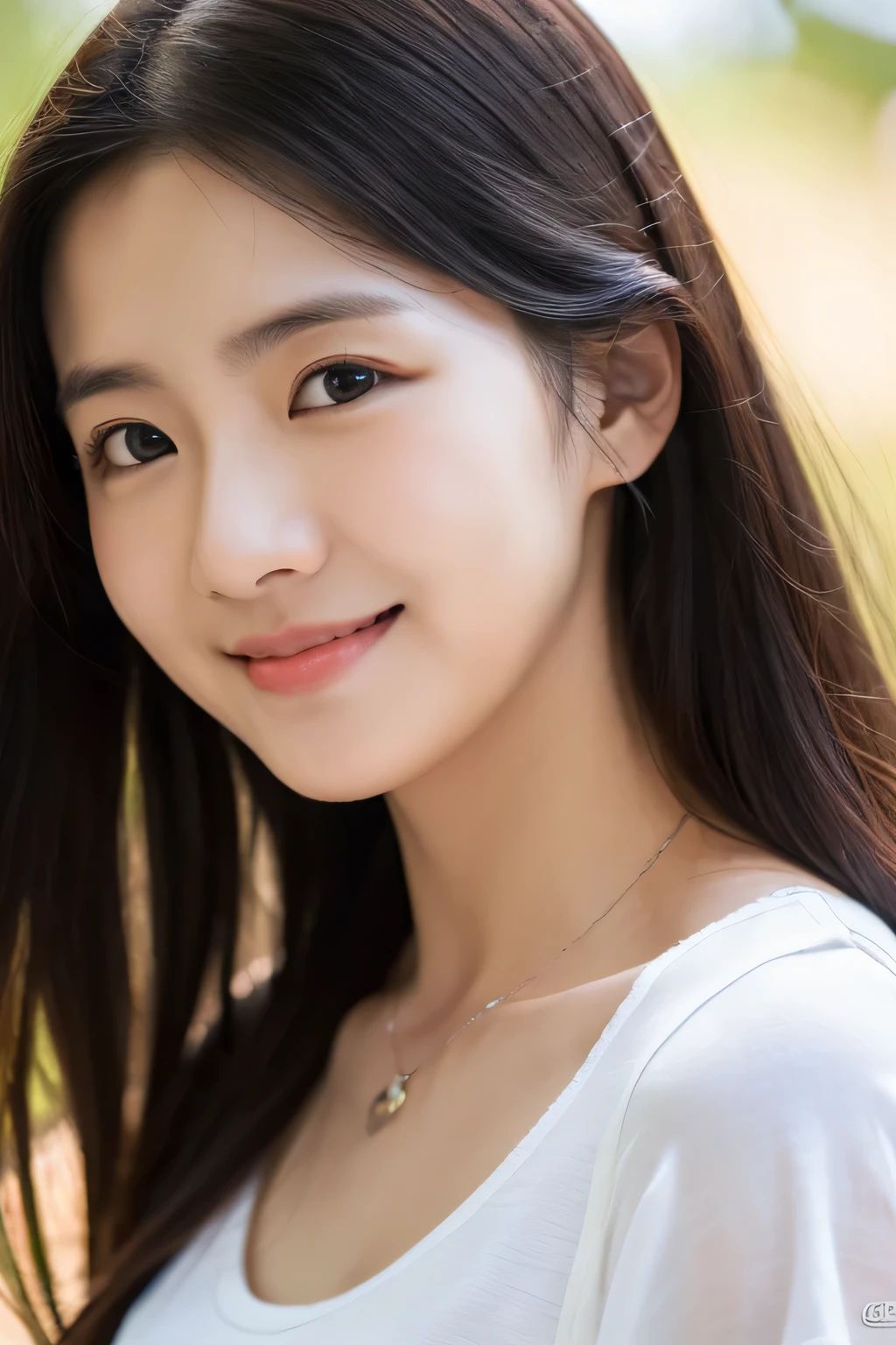masterpiece, highest quality, Photoreal, Super detailed, finely, High resolution, 8k wallpaper, Professional, Advanced level of detail, Female college student playing a survival game, slender Japanese woman, ((facing the front)), detailed clavicle, Medium chest、perfect face, medium long hair, white tank top、Military pants、gentle smile
