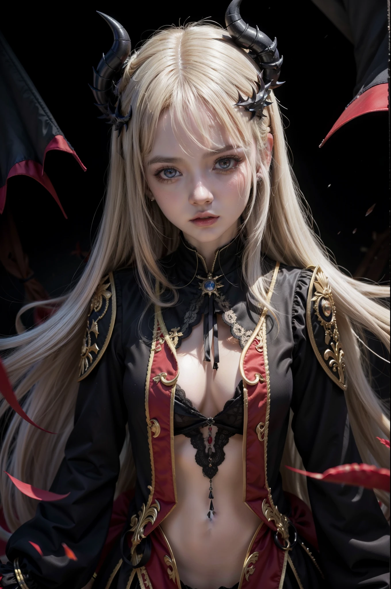 Chica hermosa con cabello blanco y ojos rojos con un traje negro y rojo., chica demonio, con ojos rojos brillantes, con ojos rojos brillantes, retrato de un demonio femenino, Estilo Shadowverse, real girl gothic maiden, impacto de ayaka genshin, ojos rojos luminosos, will tear the fallen blood, hermosa y elegante reina demonio, chica demonio, cuernos blancos reina demonio