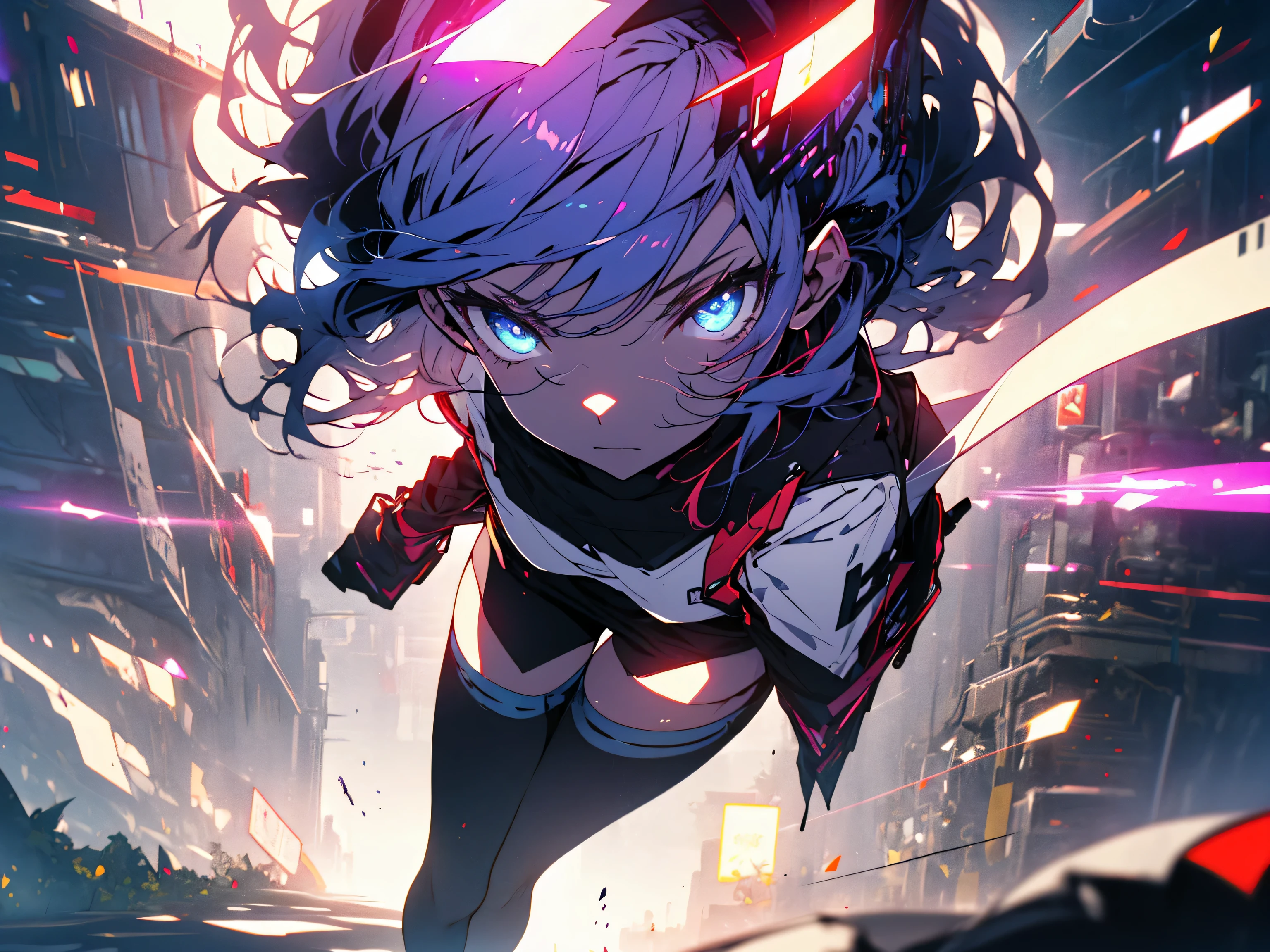 (highest quality、masterpiece、High resolution、be familiar with)、(shining eyes、be familiar with美しい顔)、8K、(1 girl), cyber punk, (full body:1.1), Thighhighs, cleavage, perfect eyes, perfect face, Kuvshinov, (gradient background:1.2),dynamic angle、(beautiful anime)