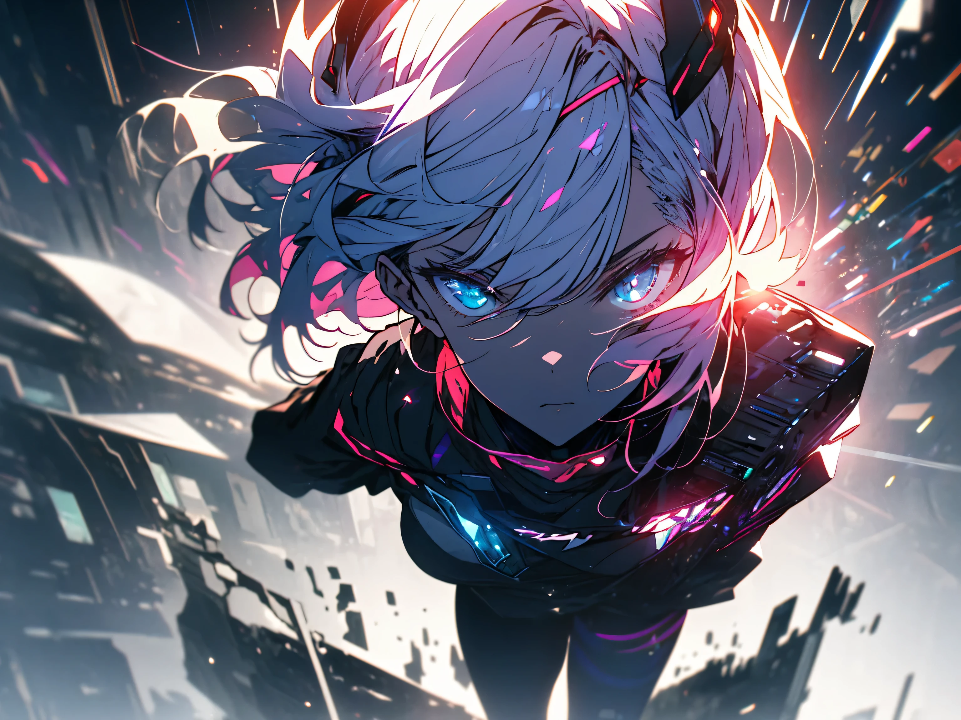 (highest quality、masterpiece、High resolution、be familiar with)、(shining eyes、be familiar with美しい顔)、8K、(1 girl), cyber punk, (full body:1.1), Thighhighs, cleavage, perfect eyes, perfect face, Kuvshinov, (gradient background:1.2),dynamic angle、(beautiful anime)