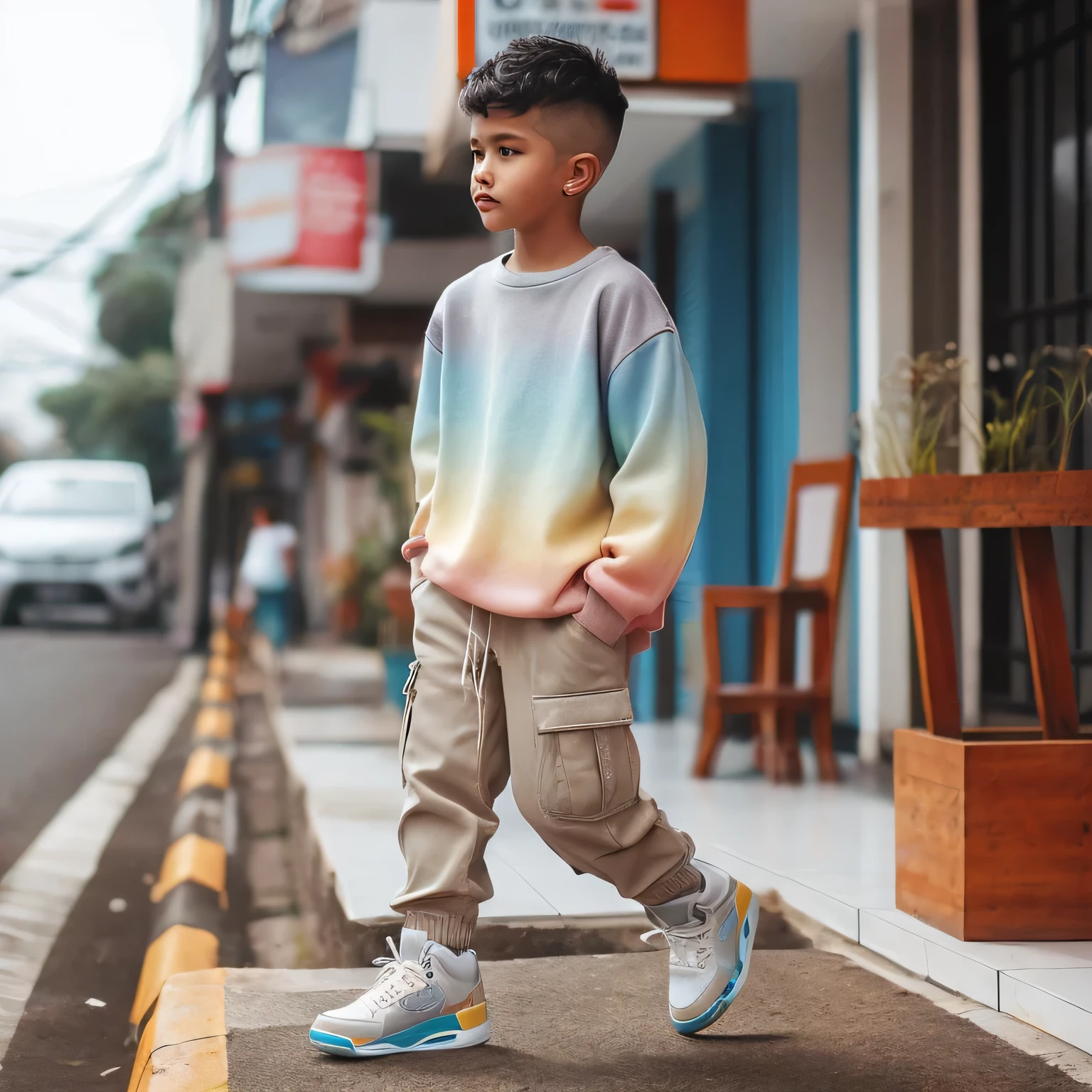 Photo anak muda ras indonesia usia 6 tahun gaya rambut pende buzz cut, pria tersebut memakai outfit bergaya casual modern dengan warna cerah dan soft, dan sepatu air jordan, berjalan bak model ditrotoar jalan depan pertokoan