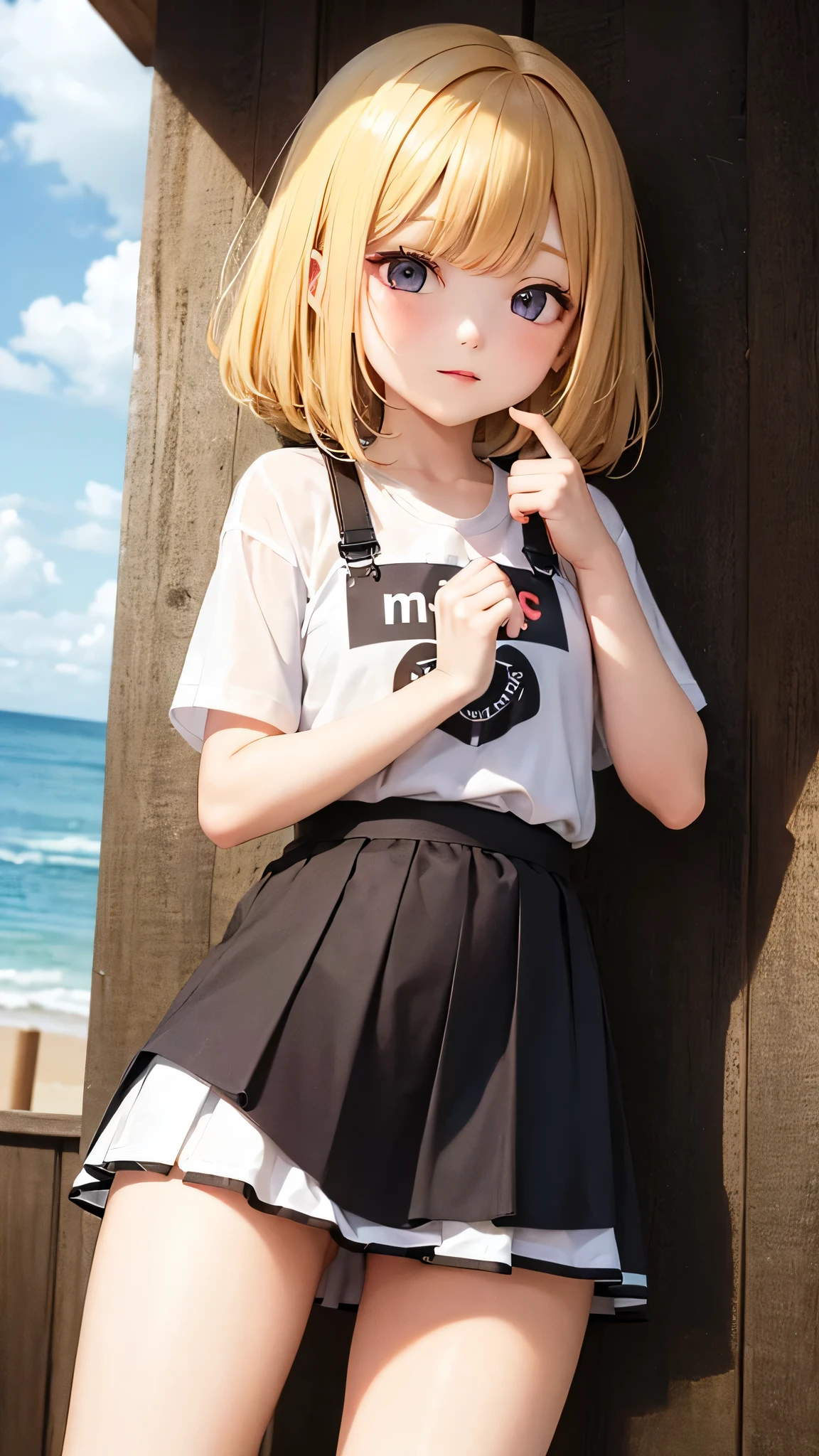 She is a very cute 10 year old girl.、(wet t-shirt、Wet miniskirt、wet hair、sheath、the whole body is wet)、Ocean、light yellow hair、red eyes、cloud、rain、