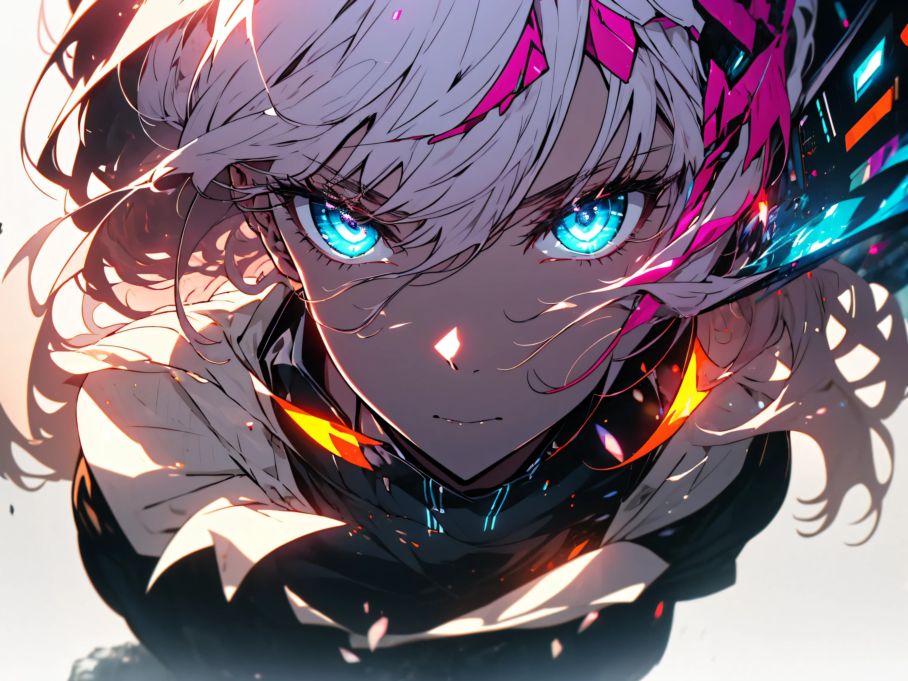 (highest quality、masterpiece、High resolution、be familiar with)、(shining eyes、be familiar with美しい顔)、8K、(1 girl), cyber punk, (full body:1.1), Thighhighs, cleavage, perfect eyes, perfect face, Kuvshinov, (gradient background:1.2),dynamic angle、(beautiful anime)