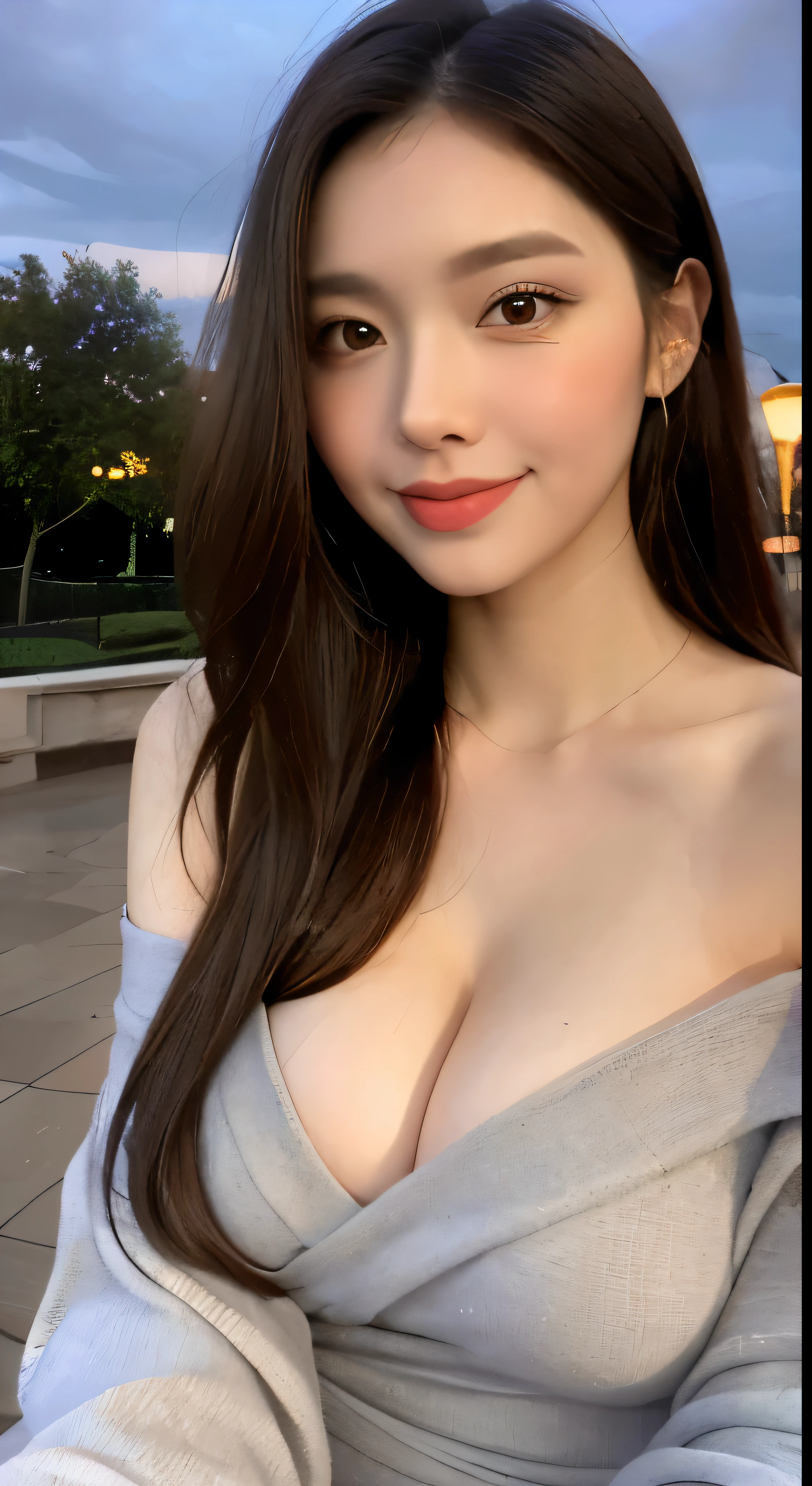 ((night view, realistic light, highest quality, 8K, masterpiece: 1.3)), 1 girl, Slim Body beauty: 1.4, brown hair, (((super big: 1.3)), off shoulder cut top: 1.3, super detailed face, eye for detail, double eyelid, Disneyland, squirt, city, firework, smile, cleavage, saggy breasts, ((saggy breasts)), (beauty))