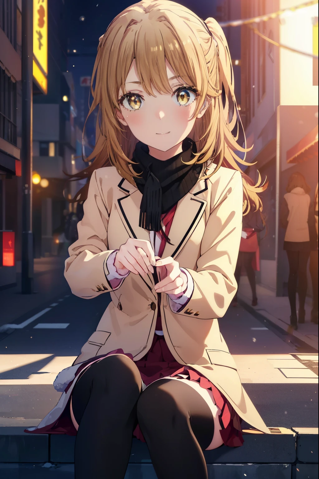 irohaisshiki, Isshiki Iroha, long hair, brown hair, (brown eyes:1.5), smile,blush,yellow long coat,sweater,red muffler,black long skirt,black tights,short boots,winter,It's snowing,
break outdoors, city,building street,
break looking at viewer,
break (masterpiece:1.2), highest quality, High resolution, unity 8k wallpaper, (shape:0.8), (beautiful and detailed eyes:1.6), highly detailed face, perfect lighting, Very detailed CG, (perfect hands, perfect anatomy),