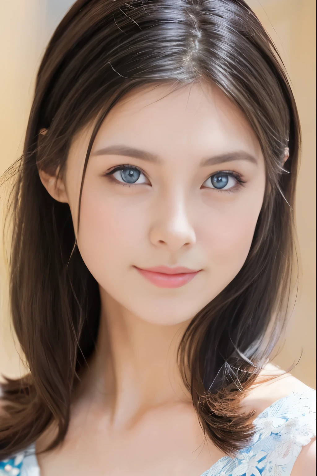 beautiful princess with black hair and blue eyes, she is wearing a beautiful long white dress。