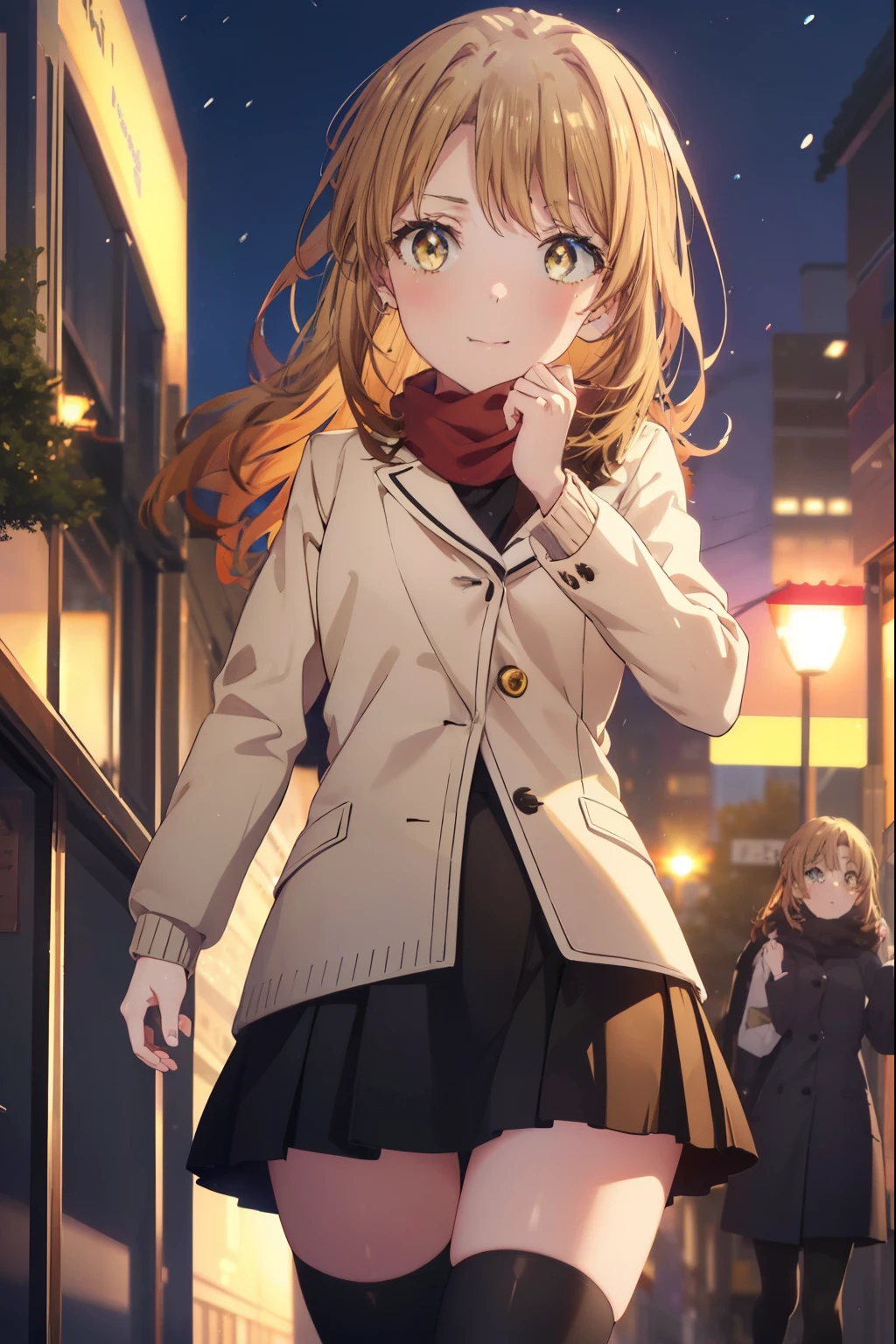 irohaisshiki, Isshiki Iroha, long hair, brown hair, (brown eyes:1.5), smile,blush,yellow long coat,sweater,red muffler,black long skirt,black tights,short boots,winter,It&#39;s snowing,
break outdoors, city,building street,
break looking at viewer,
break (masterpiece:1.2), highest quality, High resolution, unity 8k wallpaper, (shape:0.8), (beautiful and detailed eyes:1.6), highly detailed face, perfect lighting, Very detailed CG, (perfect hands, perfect ???????),