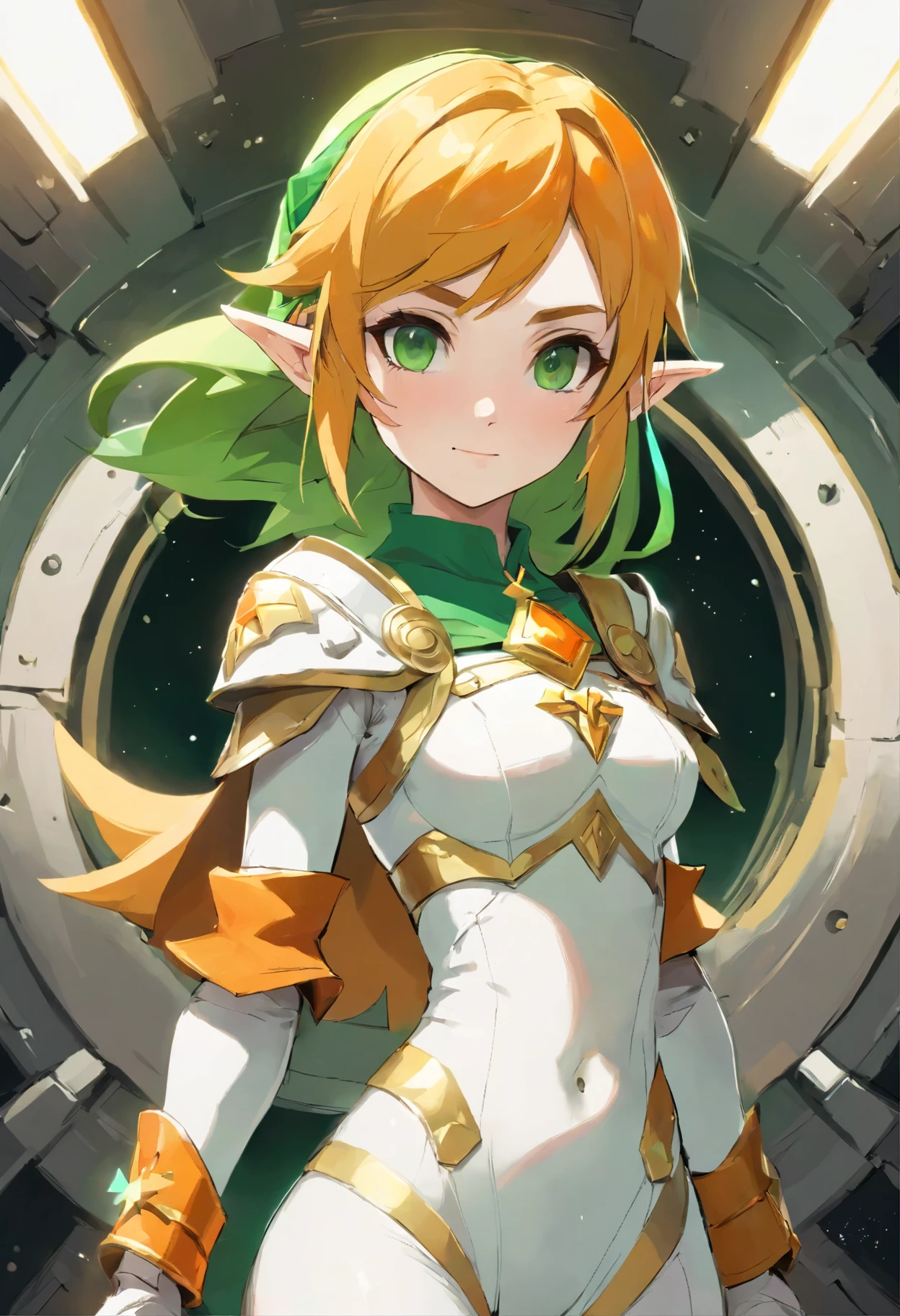 1girl,solo,Sala,original,full face helmet,face visible through helmet ,green eyes,white body suit,orange heavy armor,cowboy shot,in space station,Science fiction,ultra-detailed,sharp focus,aesthetic,(best quality)