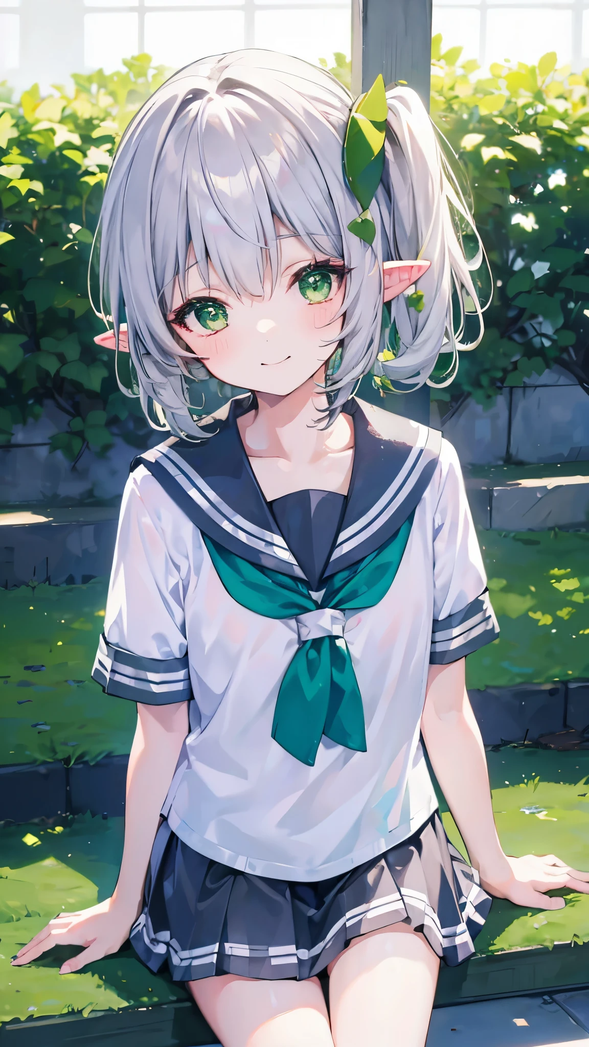 nahida, short girl, masterpiece, highres, solo, 8k, detailed, perfect face, (ultra high quality), looking viewers, collarbone, silver hair, short hair, side ponytail hair, green eyes, spike ears, sailor uniform, white uniform, seifuku uniform, skirt, smile, blush