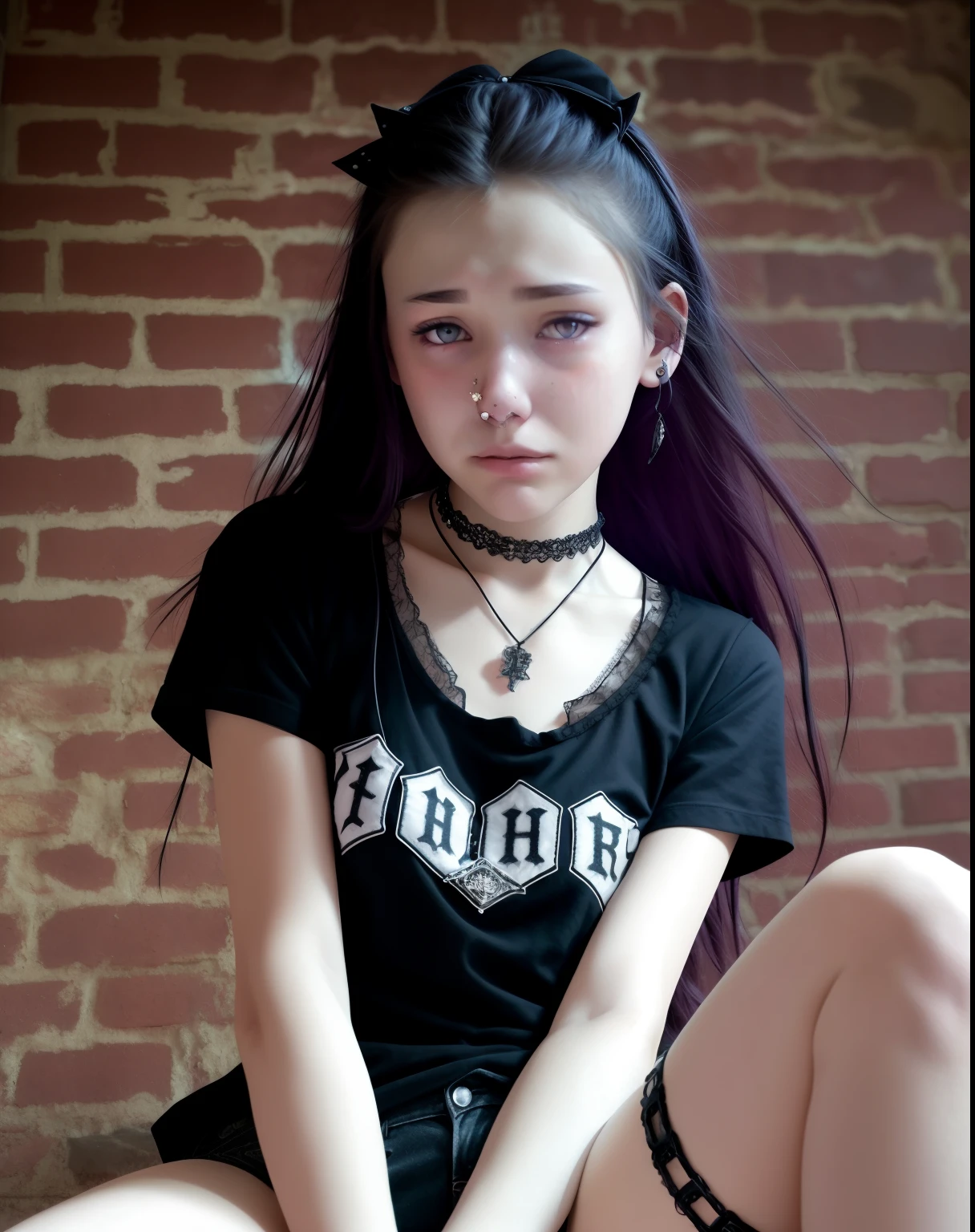 gothic, , detailed face, ultra detail, hyperrealism, young, thin thighs, (full body), piercings, neck collar, cute, sad, torn t-shirt, torn shorts, full body pic