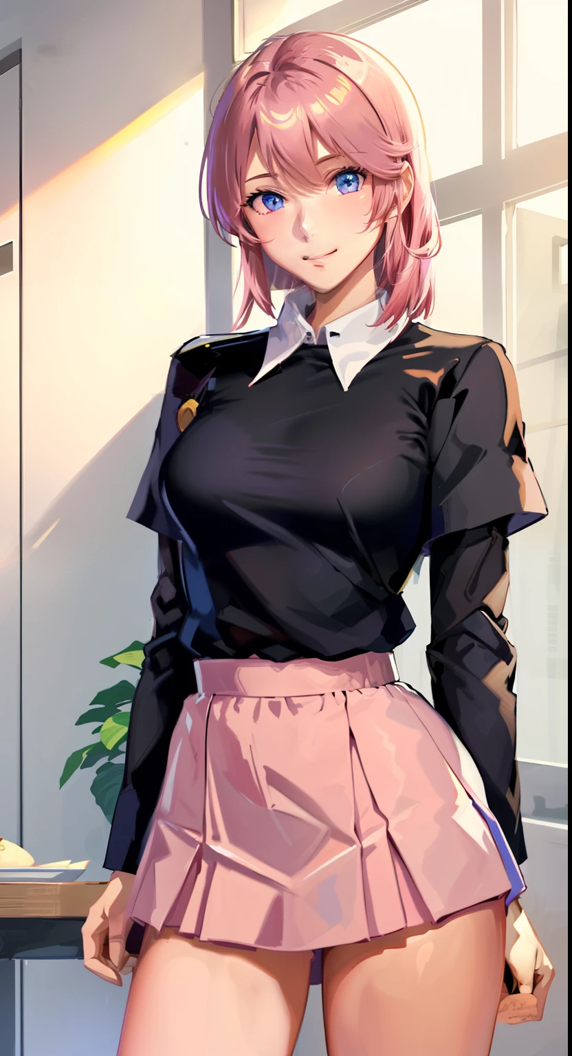1 girl, Sayla Mass, elegant, table top, Complex, パンツが見える超ミニskirtのアーミーピンクの制服ドレス、超ミニskirt、smile、 You can see the pants in a miniskirt、white panties、realistic, highest quality, With White Base and Mobile Suit Gundam in the background、absurd, high facial detail, perfect eyes, 18-year-old, cowboy shot, realization、, Bright colors, pink uniform, skirt