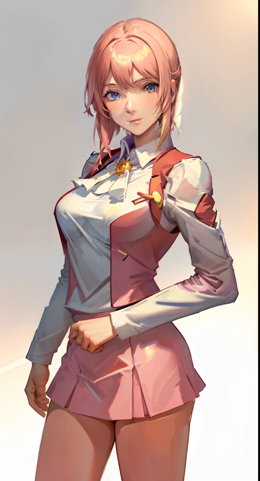 1 girl, Sayla Mass, elegant, table top, Complex, パンツが見える超ミニskirtのアーミーピンクの制服ドレス、超ミニskirt、smile、 You can see the pants in a miniskirt、white panties、realistic, highest quality, With White Base and Mobile Suit Gundam in the background、absurd, high facial detail, perfect eyes, 18-year-old, cowboy shot, realization、, Bright colors, pink uniform, skirt