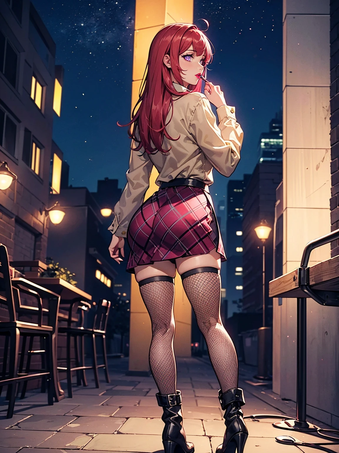 ((solo, 1woman, TakashiroHiroko, dark purple eyes, red hair, pink lipstick, Extremely detailed, ambient soft lighting, 4k, perfect eyes, a perfect face, perfect lighting, a 1girl)), ((solo, (1woman, pink lipstick), Extremely detailed, ambient soft lighting, 4k, perfect eyes, a perfect face, perfect lighting, a 1girl)), ((from the back, looking behind, (woolen blouse, long-sleeved blouse, black woolen blouse), plaid skirt, (beige skirt, short skirt), high-heeled boots, high-heeled boots, thigh-high boots, slightly bent over forward, thigh and beige skirt, high boots, sexy look, wearing beige skirt, sexy clothes, in the city, monument, modern sculpture, Bella Poarca, Bela Vista, with neon lights, fishnet stockings, boots above knee, night, lighting))