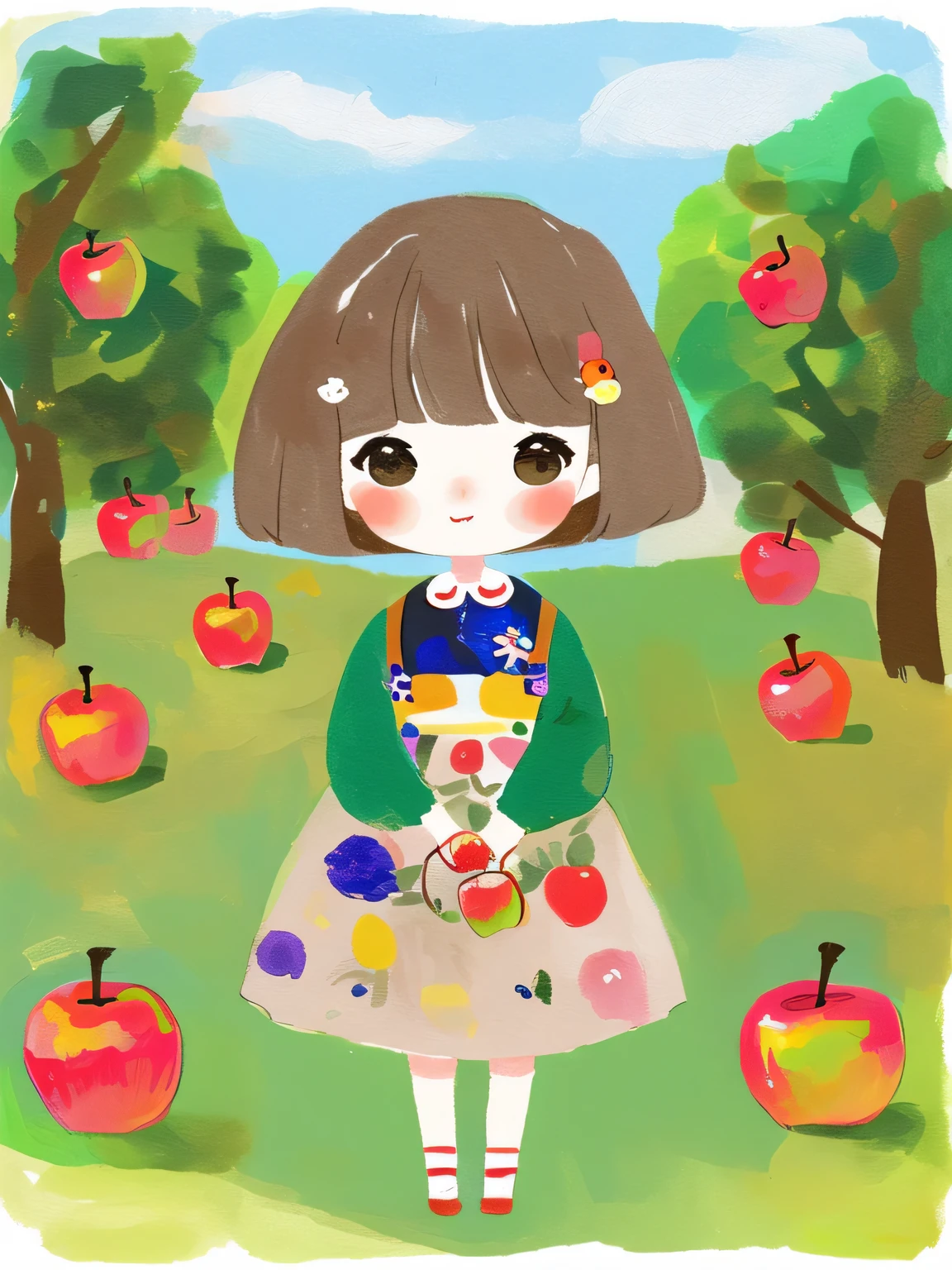 masterpiece, high quality,pretty girl,  ((Chibi))、bob hair, pick an apple_drawing