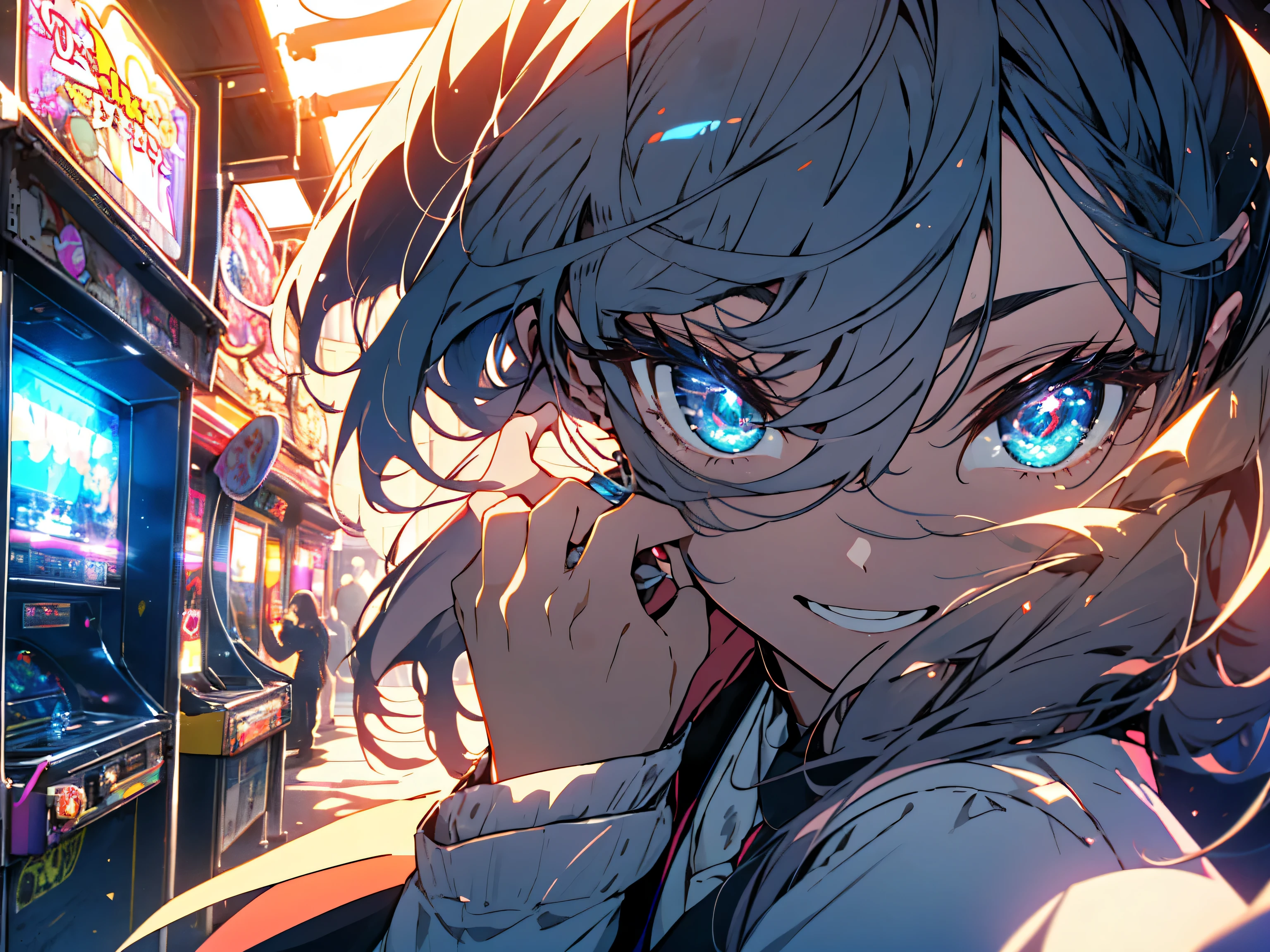 (highest quality, masterpiece, High resolution, be familiar with), (shining eyes, be familiar with beautiful face), 8K, (Two cute high school girls), (Play with UFO Catcher), (friends enjoying together), (In the arcade), (Beautiful animations), bright atmosphere, Looks happy