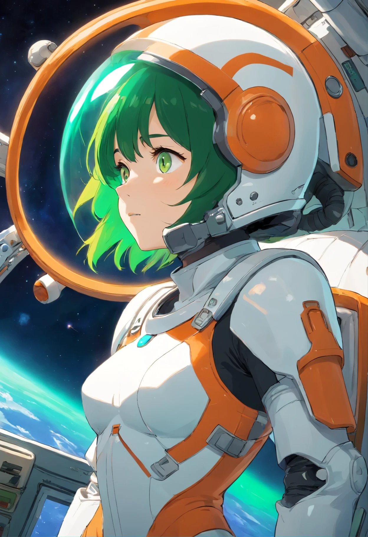 1girl,solo,Sala,original,full face helmet,face visible through helmet ,green eyes,white body suit,orange heavy armor,cowboy shot,in space station,Science fiction,ultra-detailed,sharp focus,aesthetic,(best quality)