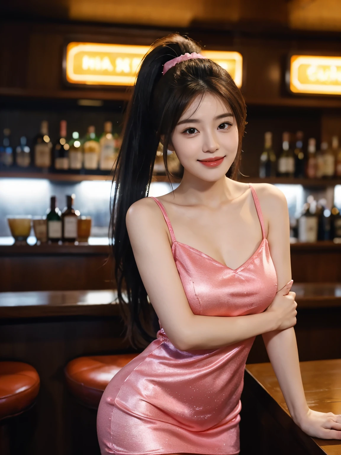 Smiling woman, in a bar, cum hair, hair, Masterpiece, 8k, raw photo, ultra realistic, highly detailed, UHD, Extreme close-up of cute Korean female, Chest size 32 inches, ponytail, slightly smile, wearing sexy short dress, in the bar, night, blurred background,