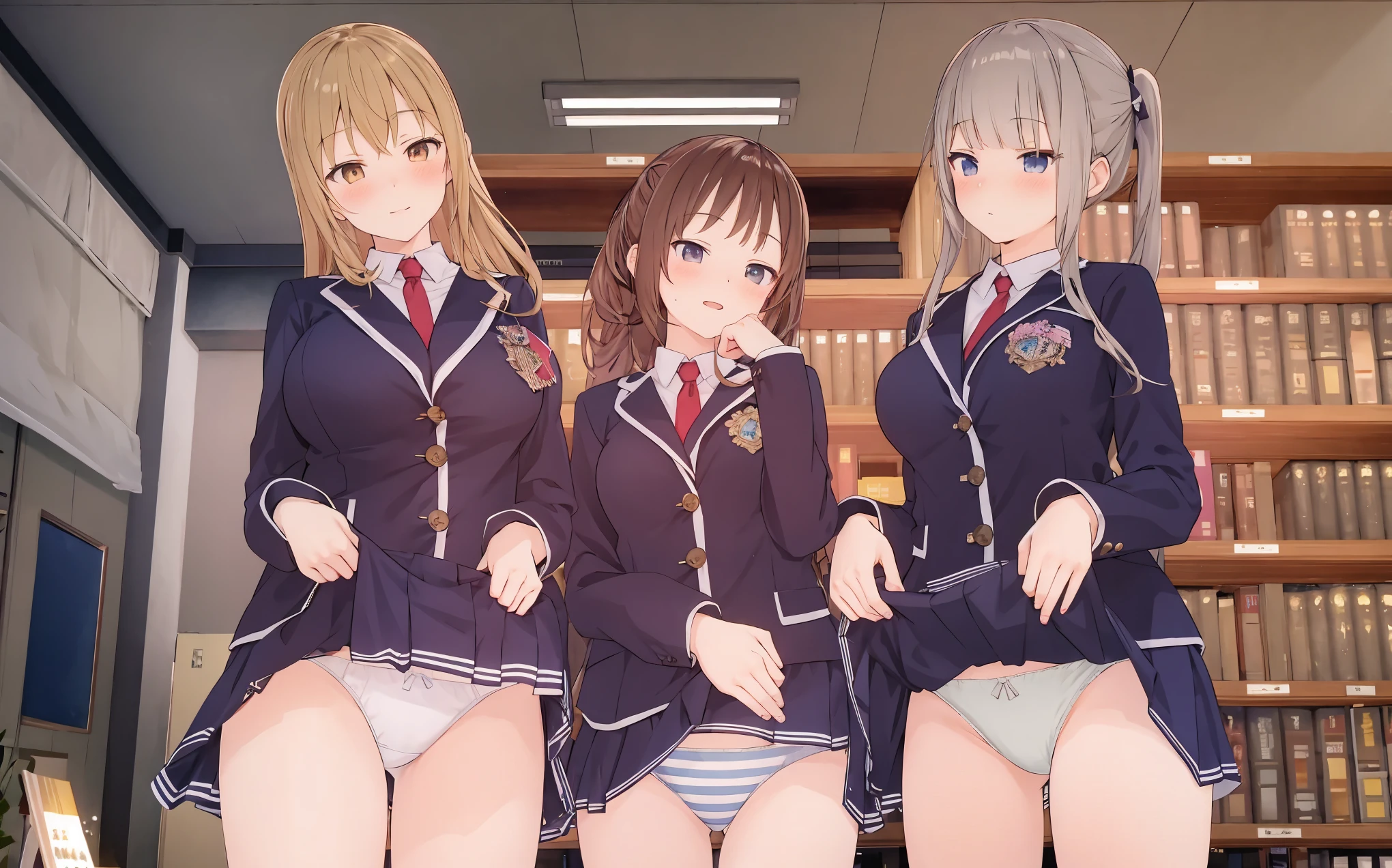 ecchi anime style, ecchi style, azur lane style, visual novel key visual, anime girls in underwear posing for a picture with a pink background, three girls in school uniforms standing in a library, ecchi anime style, hololive, ecchi, in clothes! highly detailed, visual novel cg, jk uniform, high school girls, upskirt, panty, anime maids riding early tanks