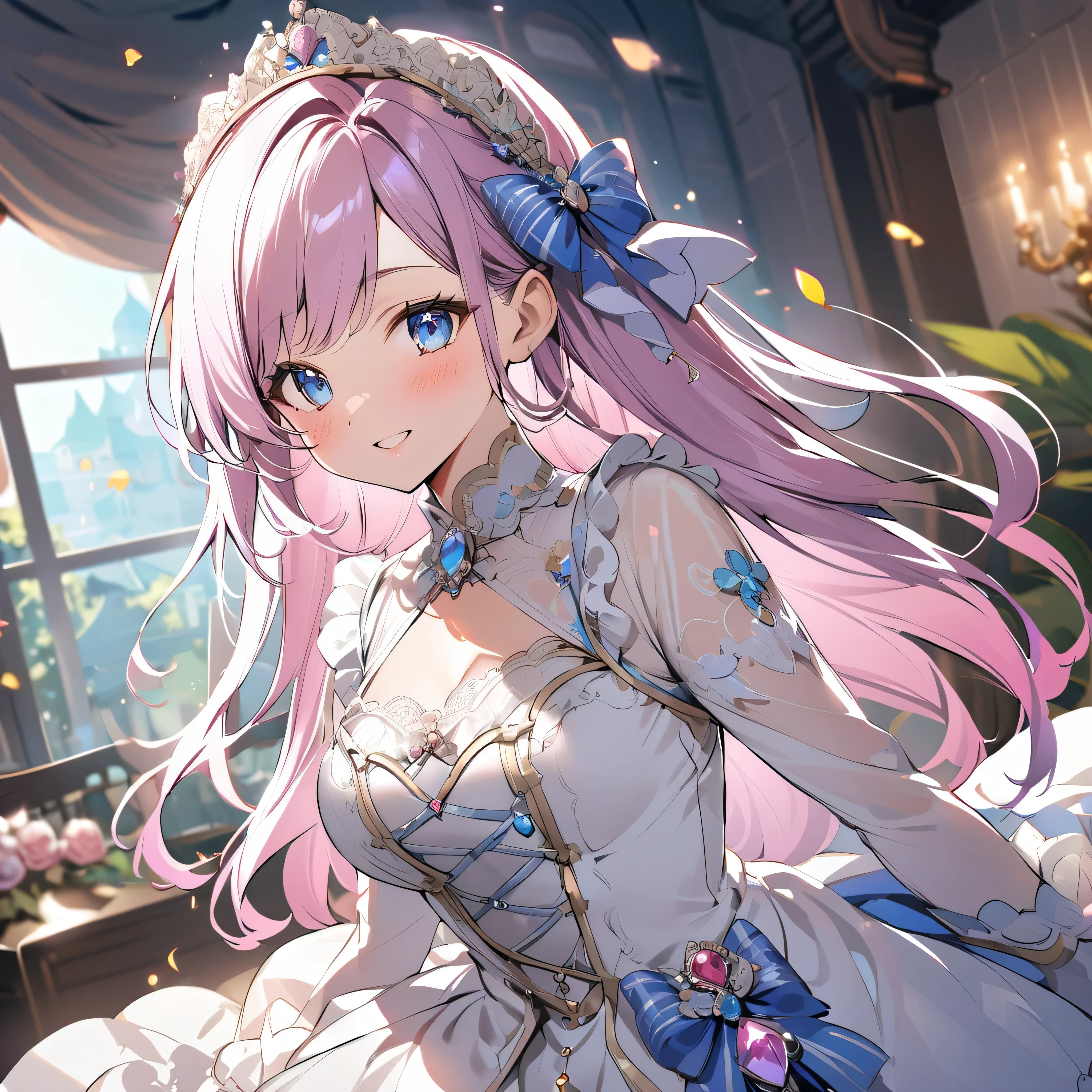 santos，encantado，se divertindo，Estar apaixonado，(Western style magical white dress)，cabelo prateado，eOlhos azuis，Listras azuis marinho，Lilac cloth，babados，Rococo princess style，renda，enfeite de joia，floral decoration，Cocar de tecido，Construction of the inner and outer skirt，Arc node，trajes requintados，Uma pequena quantidade de roupas transparentes，dentro do quarto，apenas pessoas