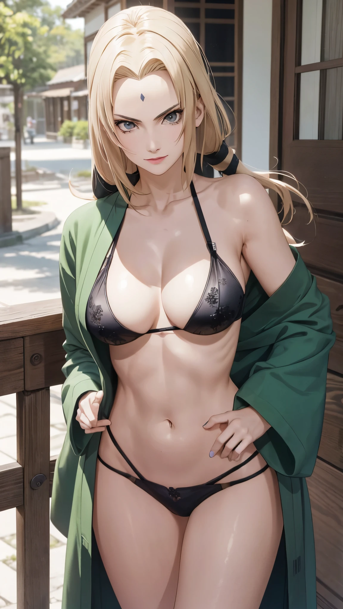 Full body, Tsunade Senju, Bela, obra prima, extremamente detalhado, melhor qualidade, best ilumination, melhor sombra, rosto perfeito, olhos castanhos brilhantes, marca azul na testa, usando um biquini verde e branco, 1 girl, peitos grandes, bunda grande, inclinada pra frente olhando para o expectador, em konoha,(8k, RAW.photo, best quality, tmasterpiece:1.2), ( realisticlying, photograph realistic: 1.4), ultra high res.photorealistic:.1.4,UHD