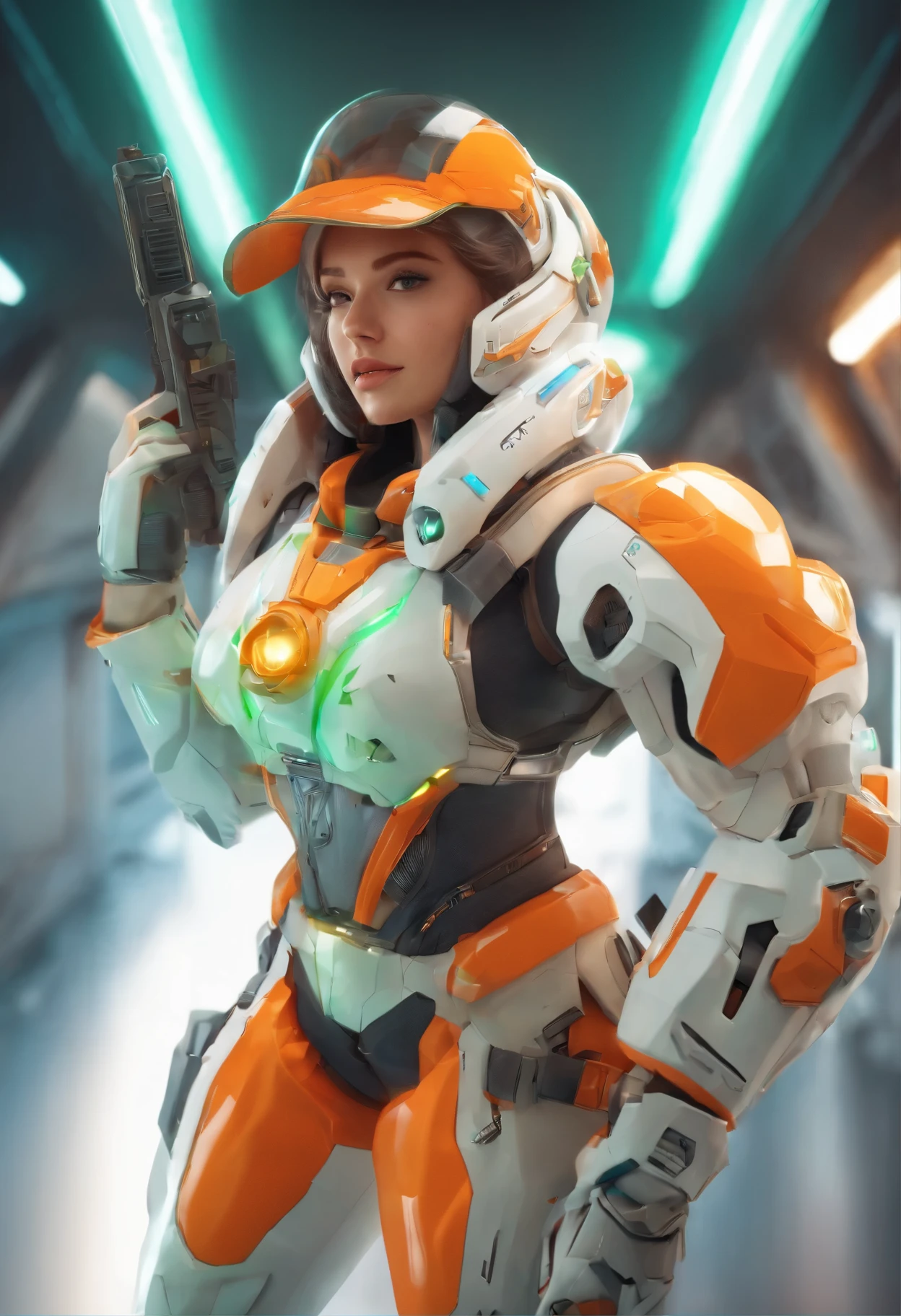 1girl,solo,Sala,original,full face helmet,face visible through helmet ,green eyes,white body suit,orange heavy armor,cowboy shot,in space station,Science fiction,ultra-detailed,sharp focus,aesthetic,(best quality)